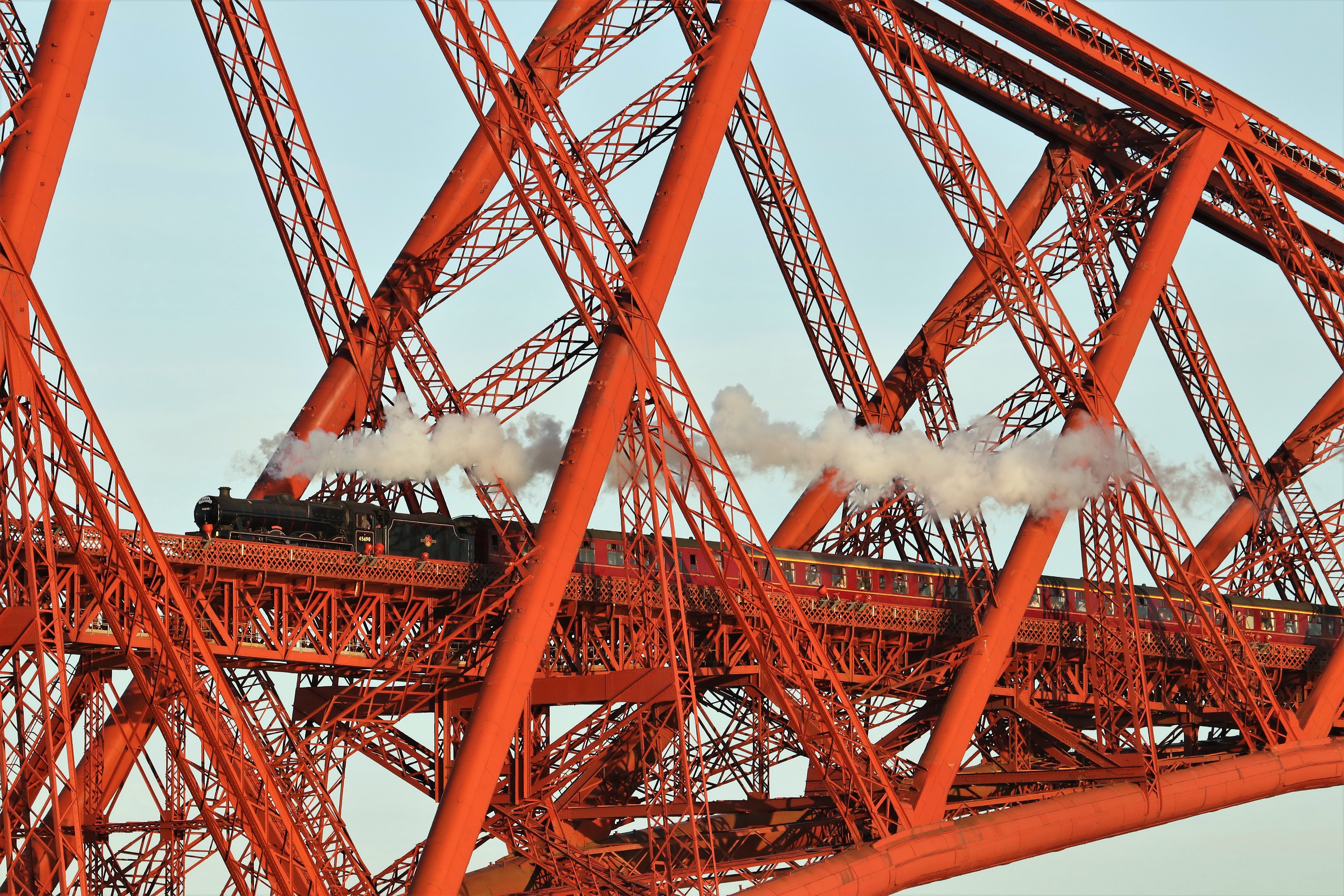 bridge, red, metal, vehicle, train, steam locomotive, HD Wallpaper