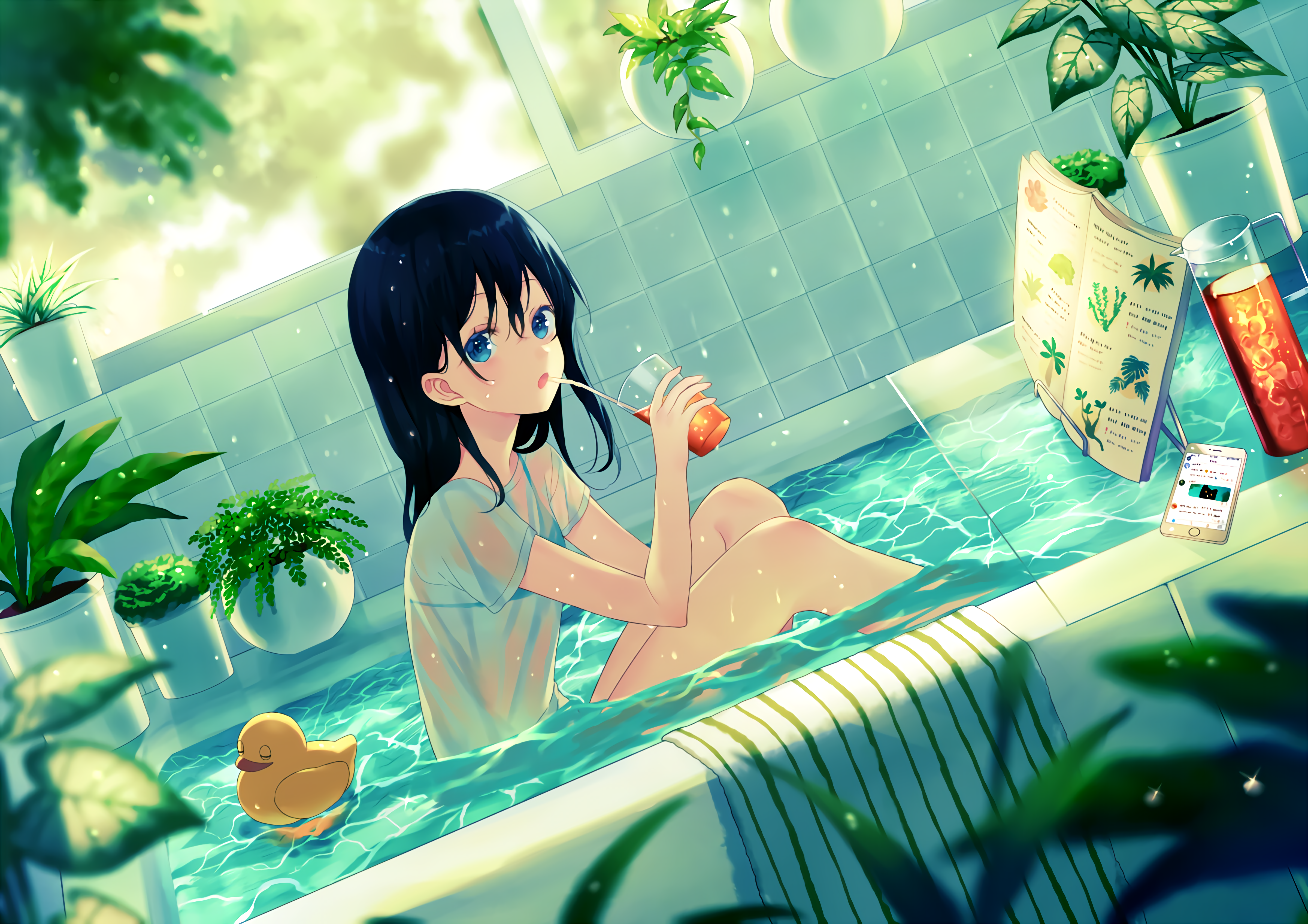 anime, anime girls, original characters, wet clothing, drink, HD Wallpaper