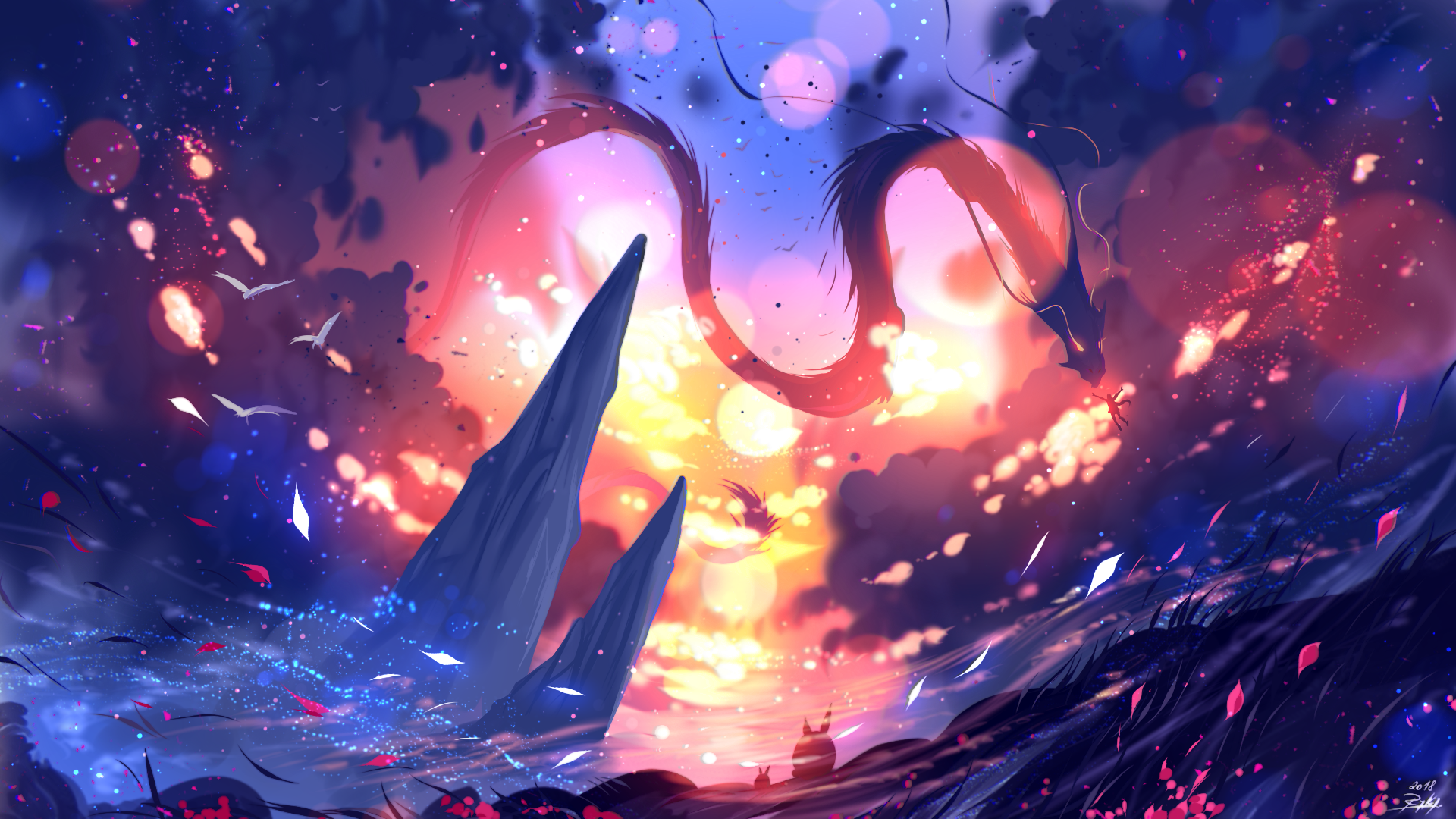 dragon, clouds, sunset, DeviantArt, ryky, flying, HD Wallpaper