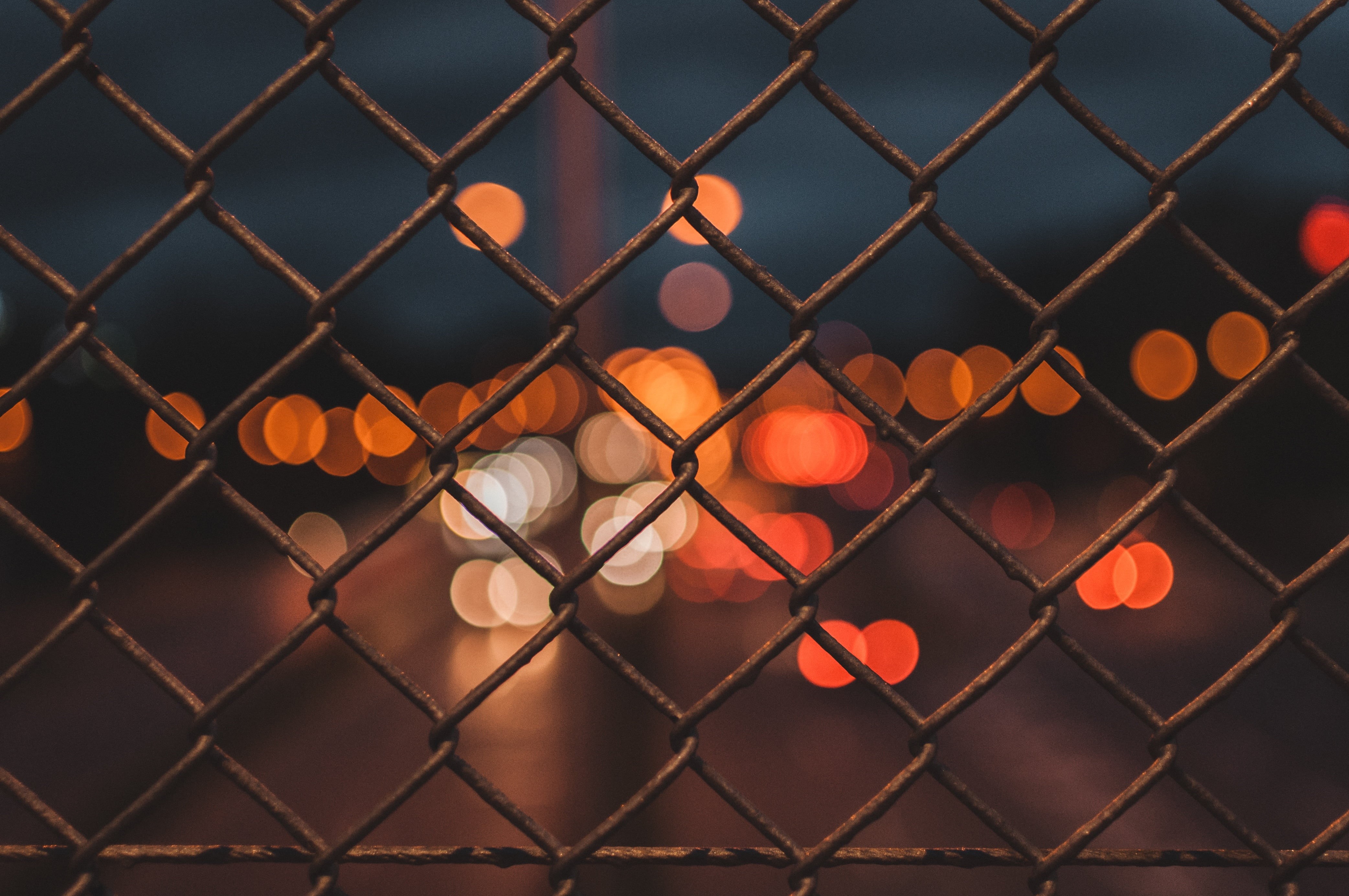 fence, metal, lights, bokeh, HD Wallpaper