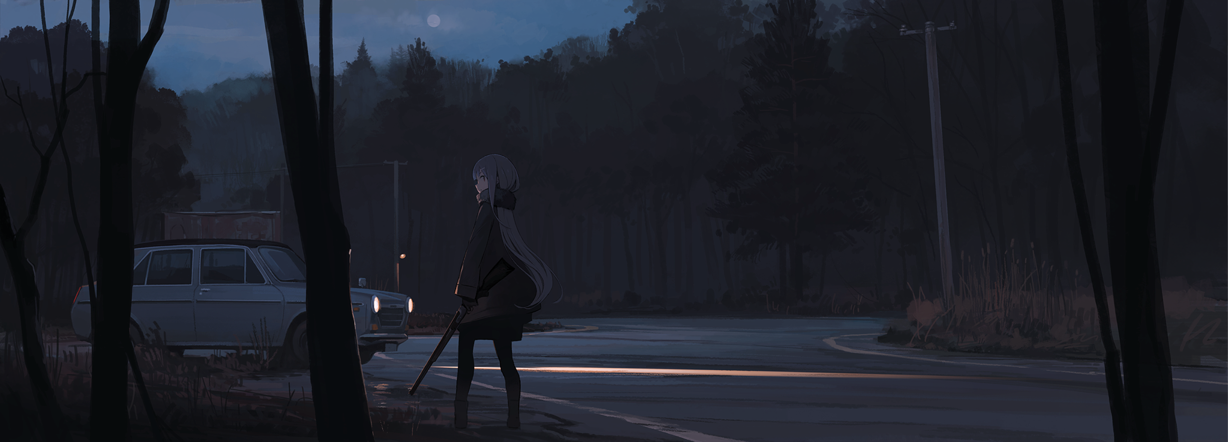 anime, anime girls, dark, road, car, HD Wallpaper
