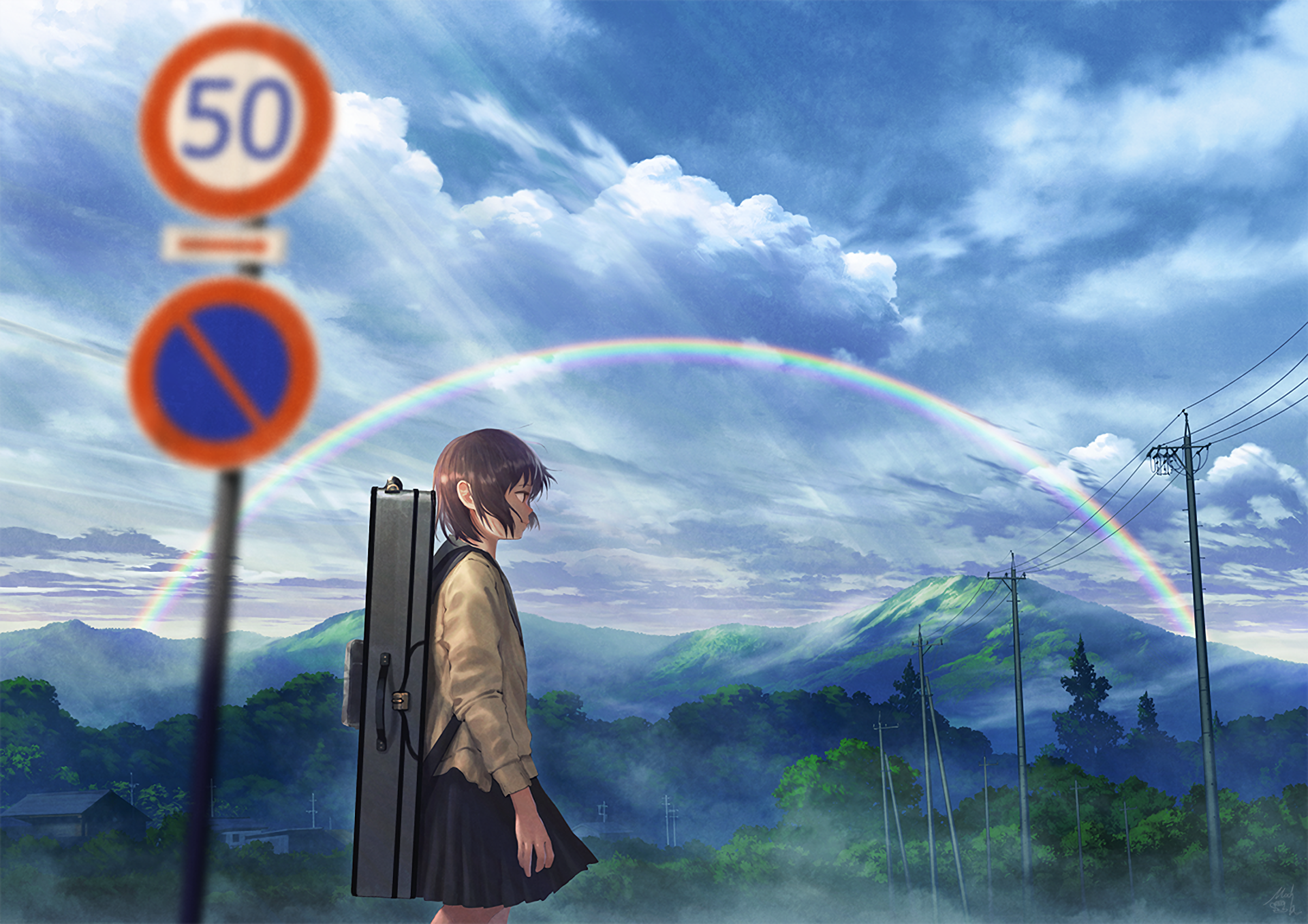 anime, anime girls, sign, landscape, numbers, mountains, outdoors, sky, moescape, HD Wallpaper