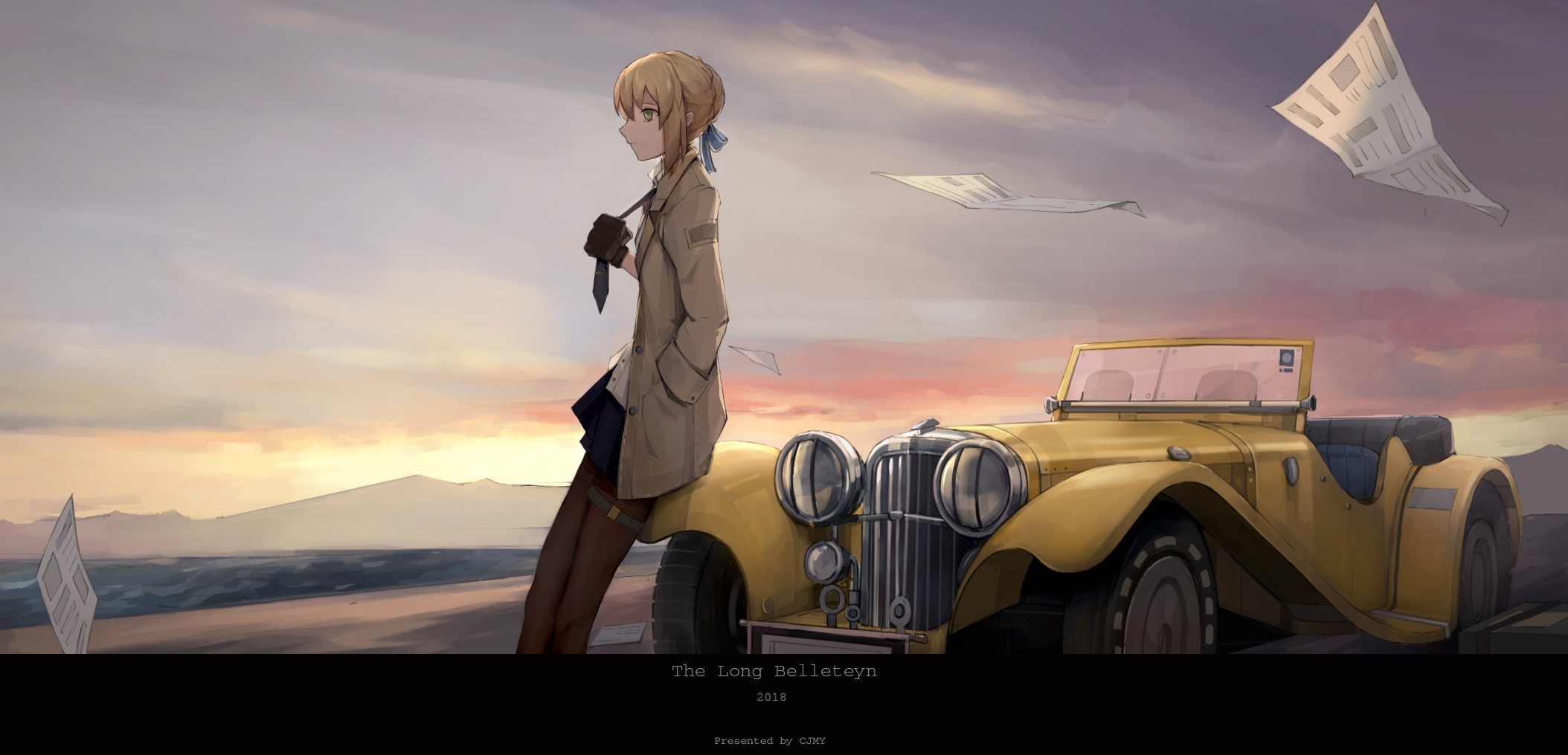 anime, anime girls, blonde, car, 2018 (Year), Oldtimer, short hair, vehicle, yellow cars, HD Wallpaper