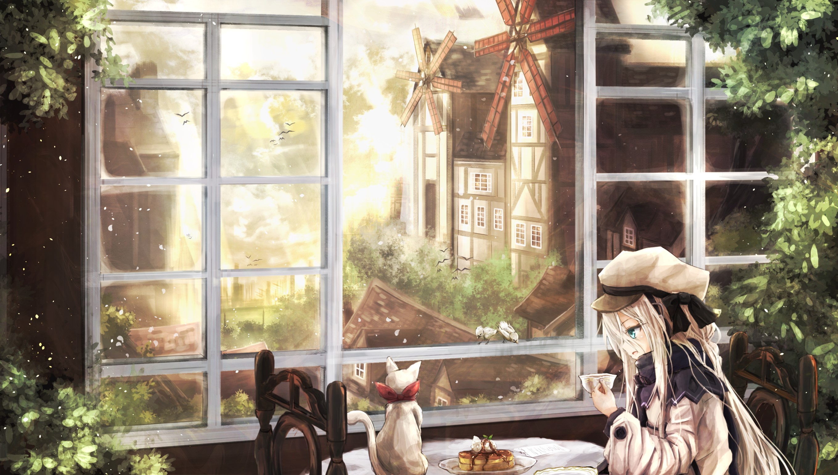 anime, anime girls, window, cats, fantasy city, hat, cup, windmill, HD Wallpaper