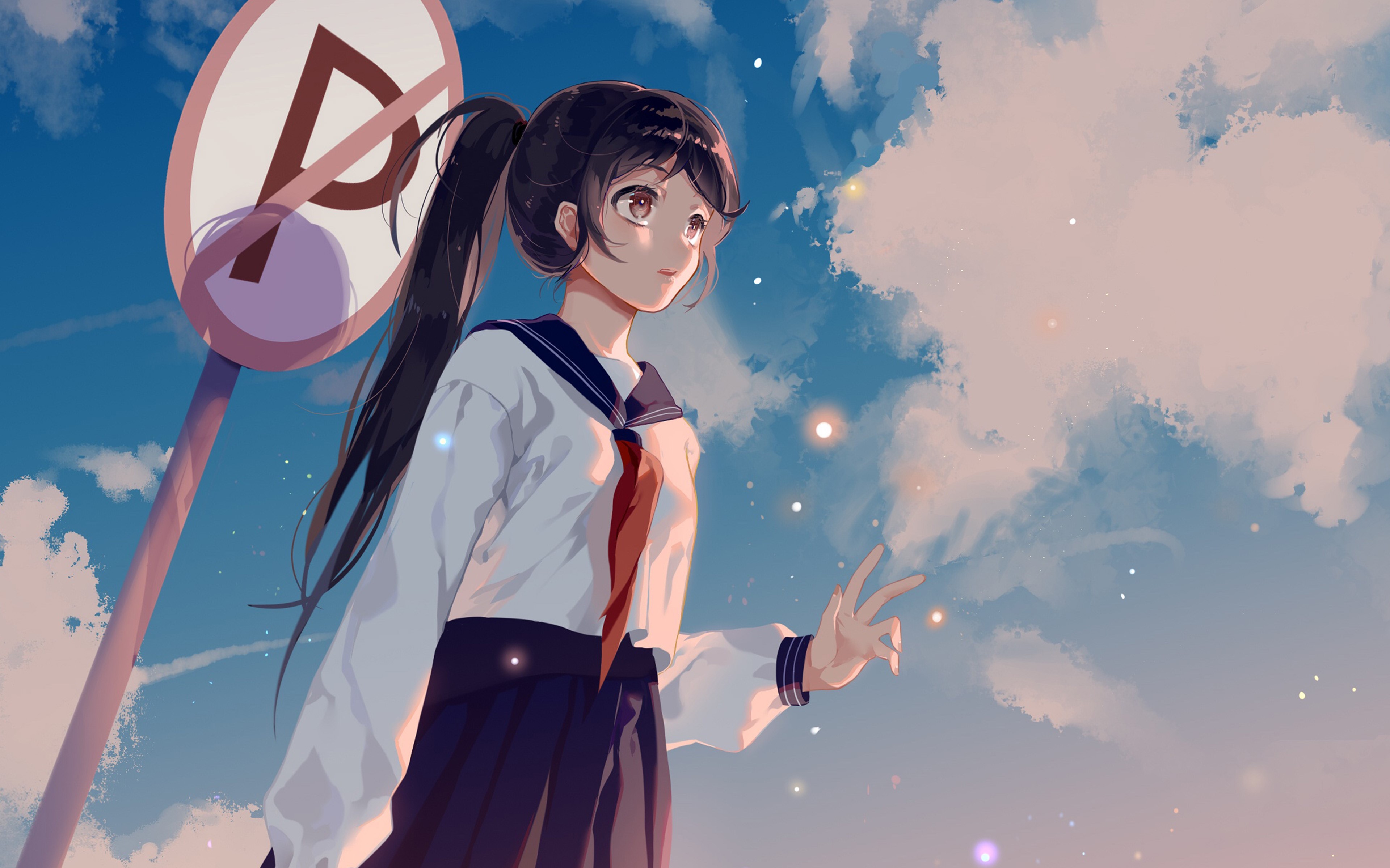 anime, anime girls, schoolgirl, sky, HD Wallpaper