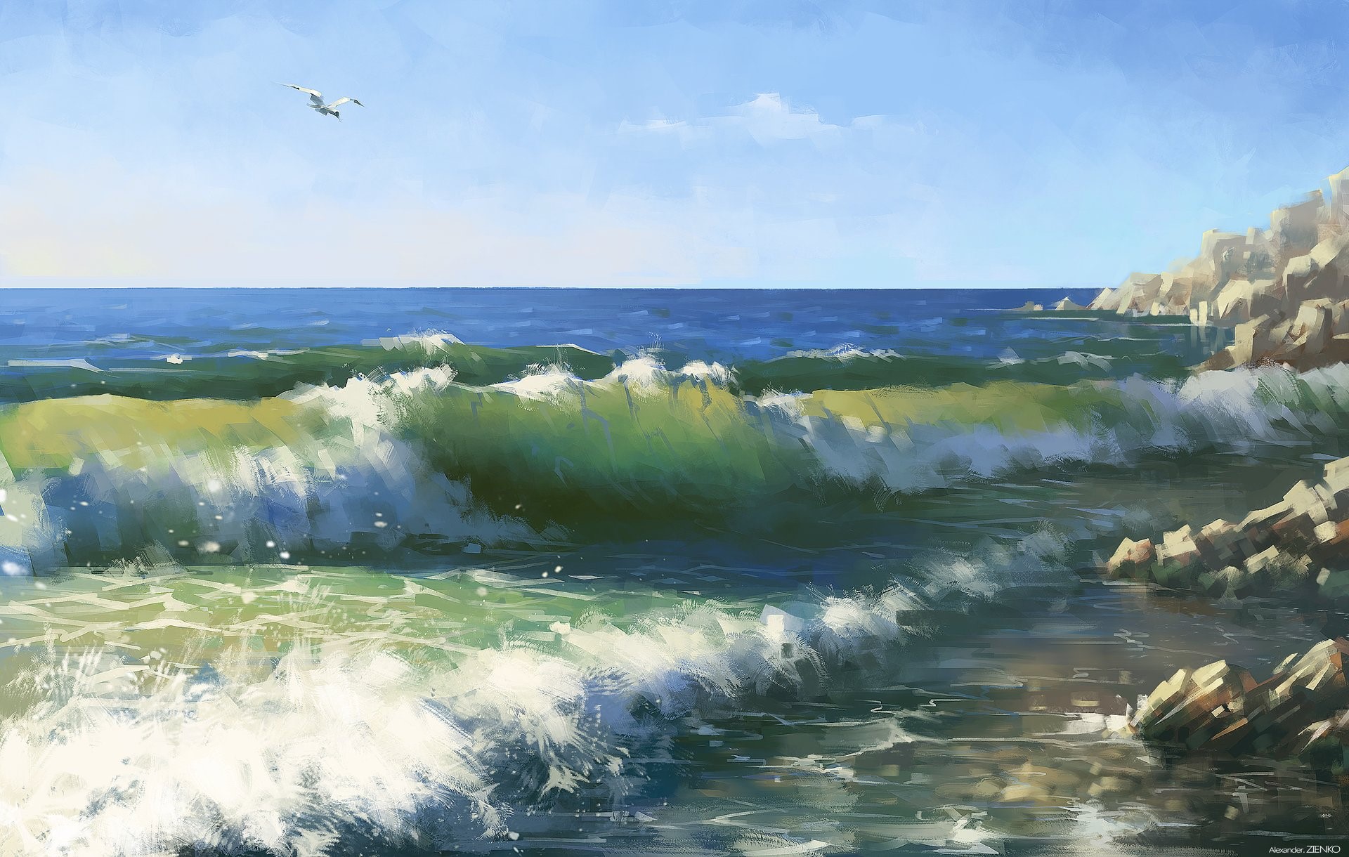 Alexander Zienko, sea, water, rocks, painting, HD Wallpaper
