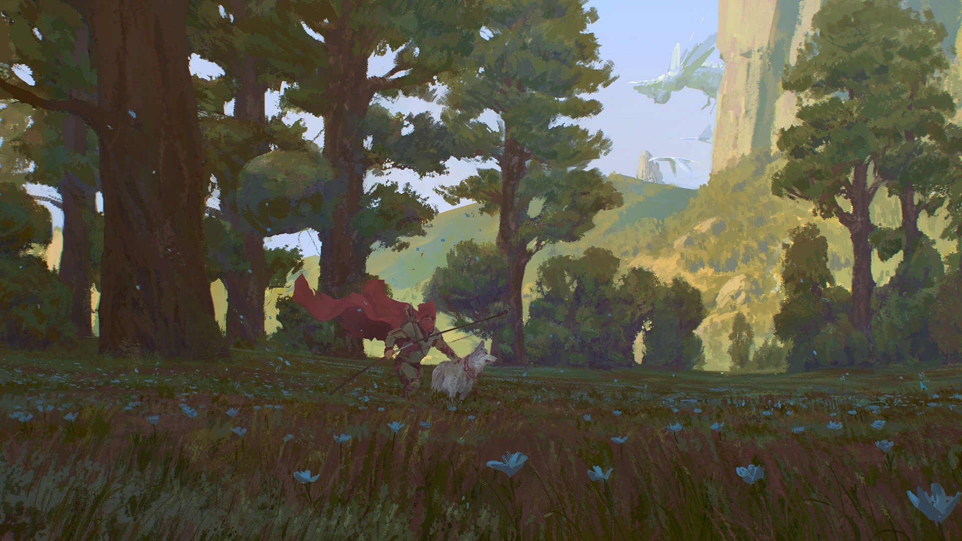 fantasy art, flowers, wolf, cloaks, forest, creature, mountains, petals, field, HD Wallpaper