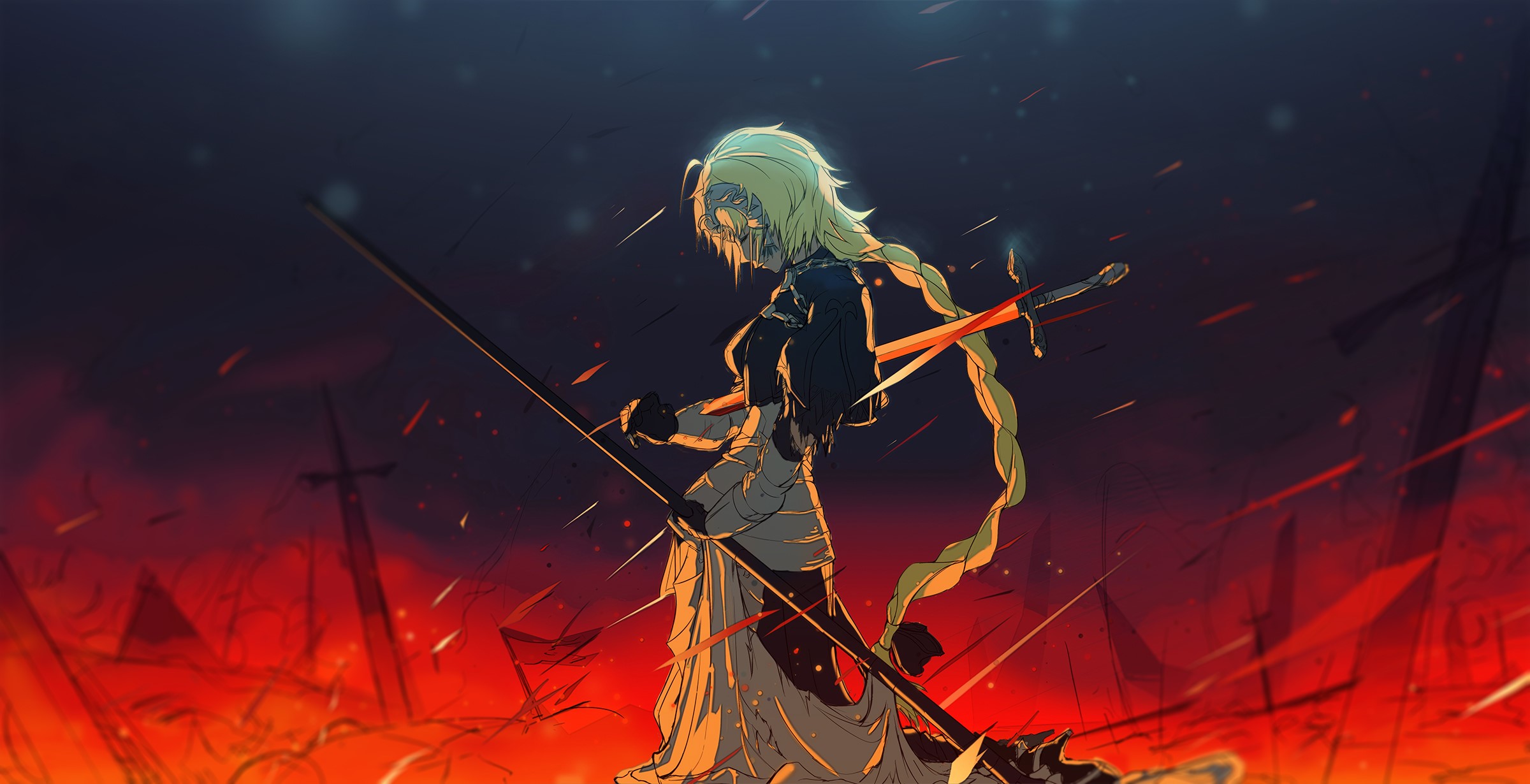 Fate Series, Fate/Grand Order, Fate/Apocrypha, Ruler (Fate/Apocrypha), Jeanne dArc, blond hair, long hair, anime girls, lance, sword, HD Wallpaper