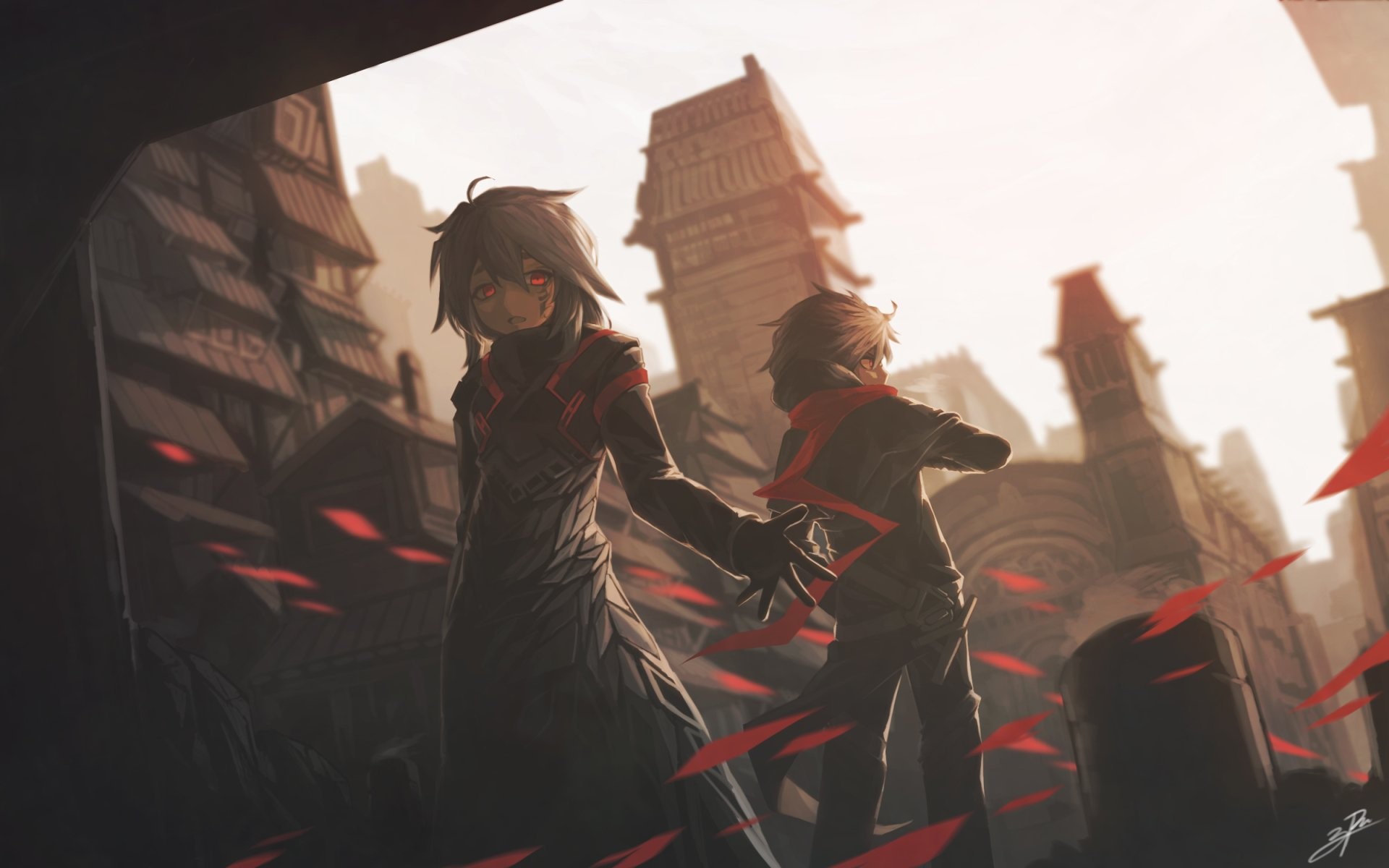 anime girls, fantasy city, red eyes, fantasy girl, HD Wallpaper