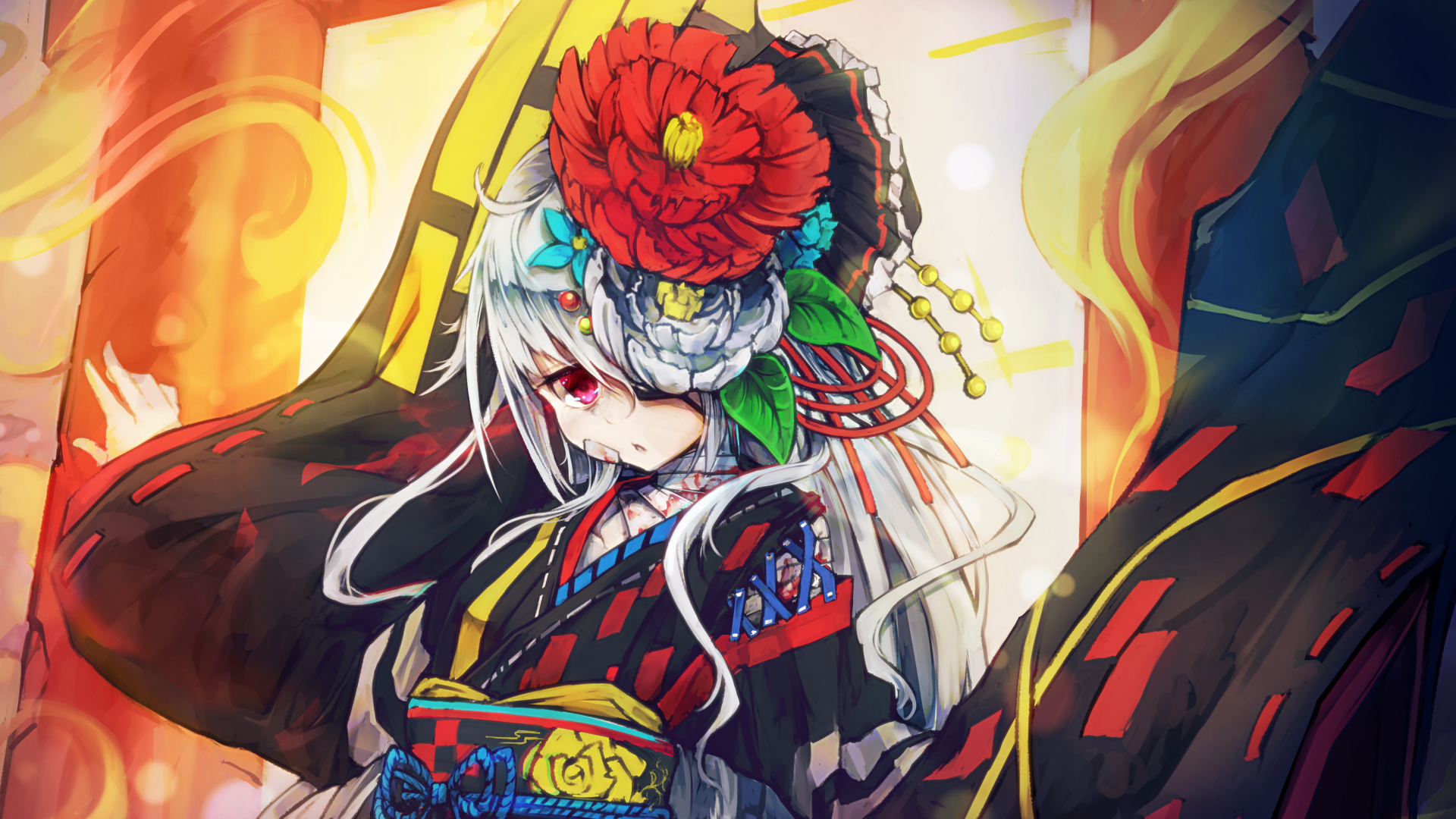 anime, anime girls, red eyes, flowers, leaves, colorful, HD Wallpaper