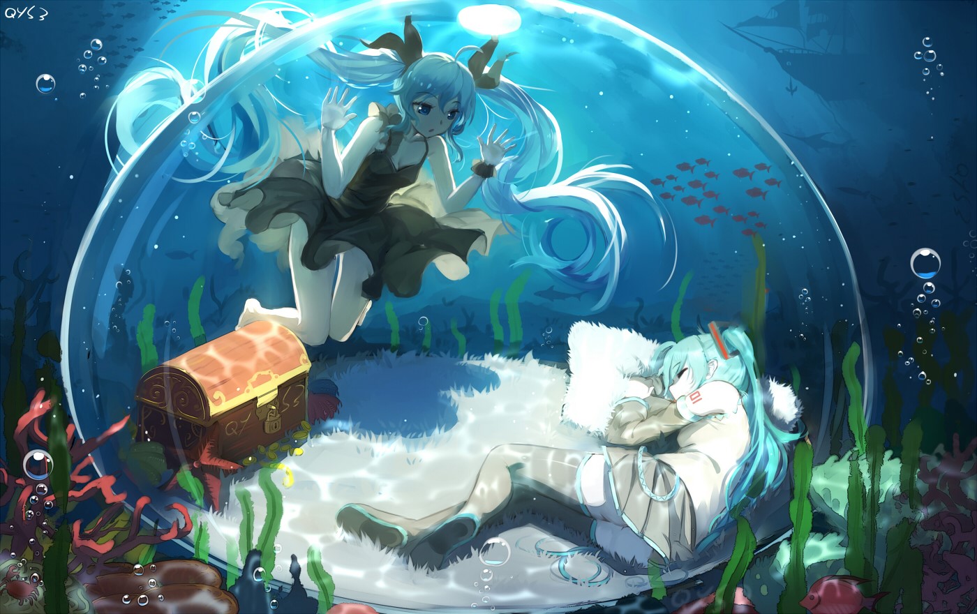 anime girls, 千夜QYS3, Hatsune Miku, Vocaloid, anime, blue hair, underwater, HD Wallpaper