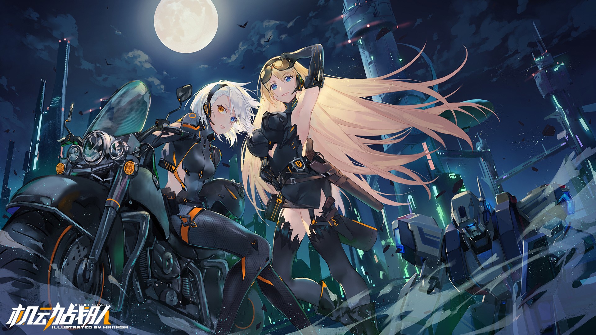 anime girls, hanasa, vehicle, blonde, long hair, night, motorcycle, Moon, HD Wallpaper