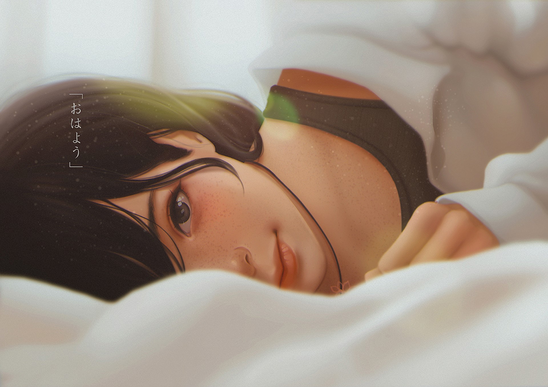 digital art, artwork, women, original characters, lying on side, bed, brunette, looking at viewer, freckles, in bed, morning, HD Wallpaper