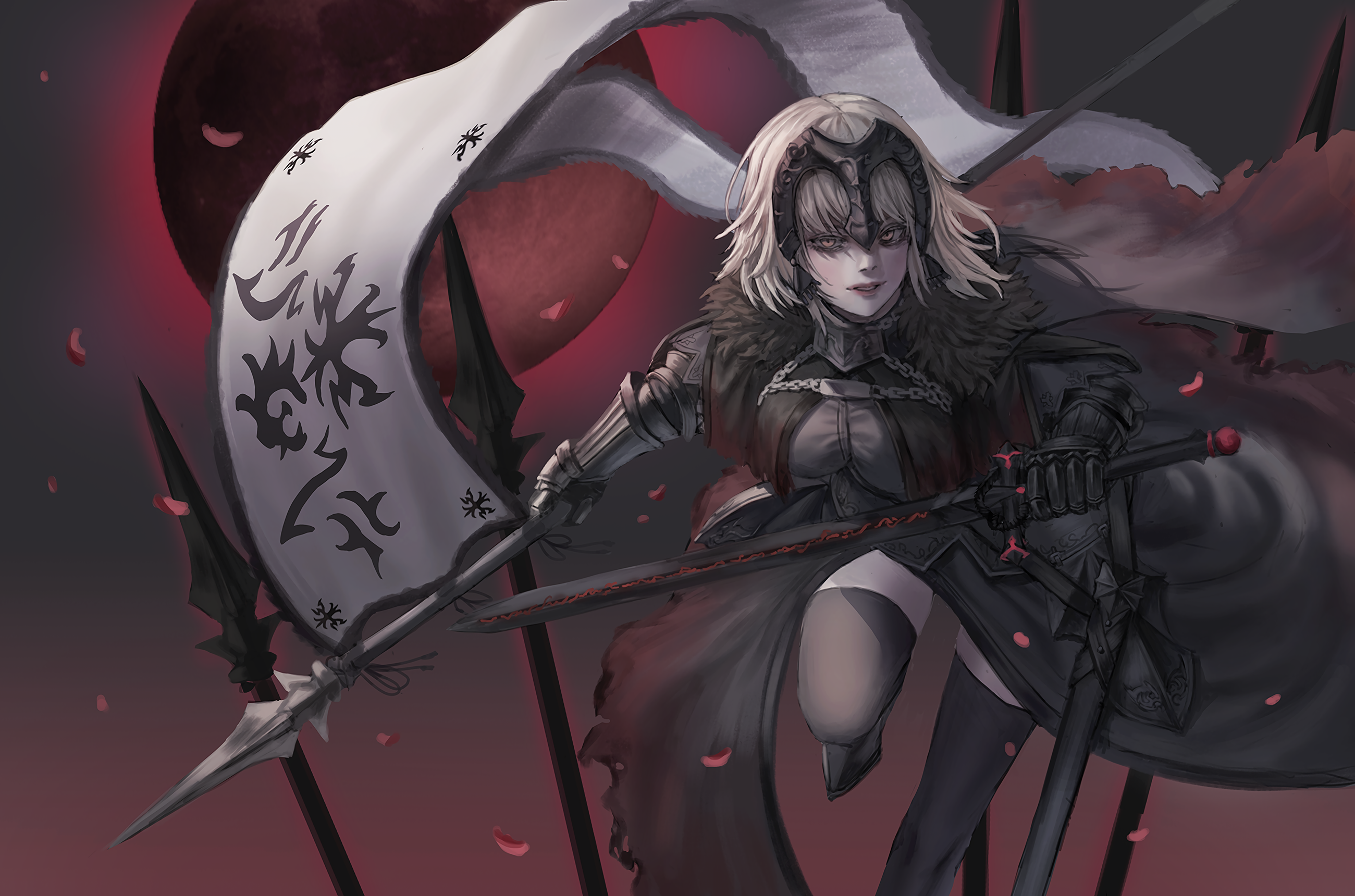 Fate Series, Fate/Grand Order, Jeanne (Alter) (Fate/Grand Order), Avenger (Fate/Grand Order), short hair, white hair, yellow eyes, sword, lance, flag, anime girls, HD Wallpaper