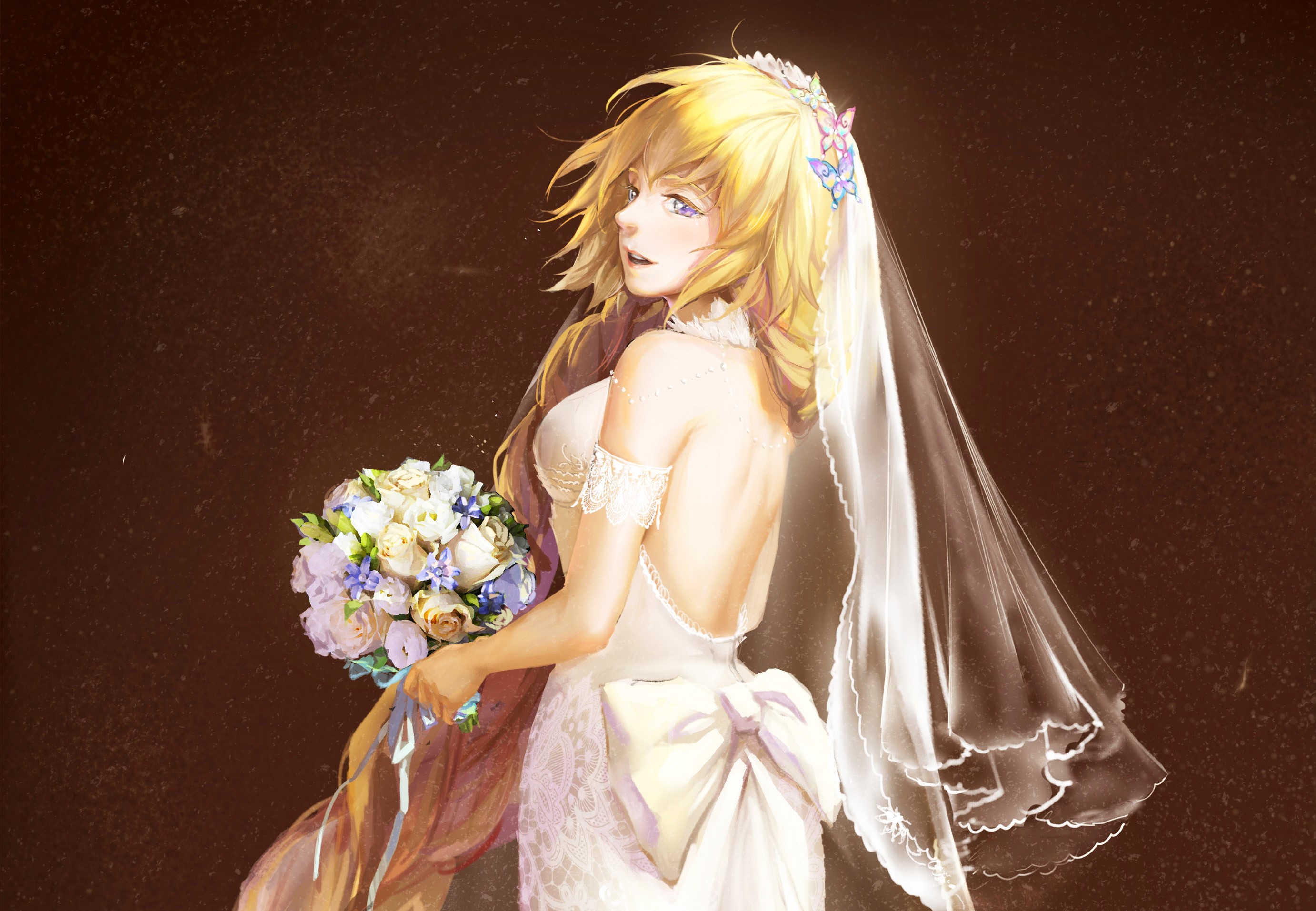 Fate/Grand Order, Fate Series, Fate/Apocrypha, Jeanne dArc, Ruler (Fate/Apocrypha), long hair, blond hair, purple eyes, wedding dress, anime girls, bouquet, butterfly, HD Wallpaper