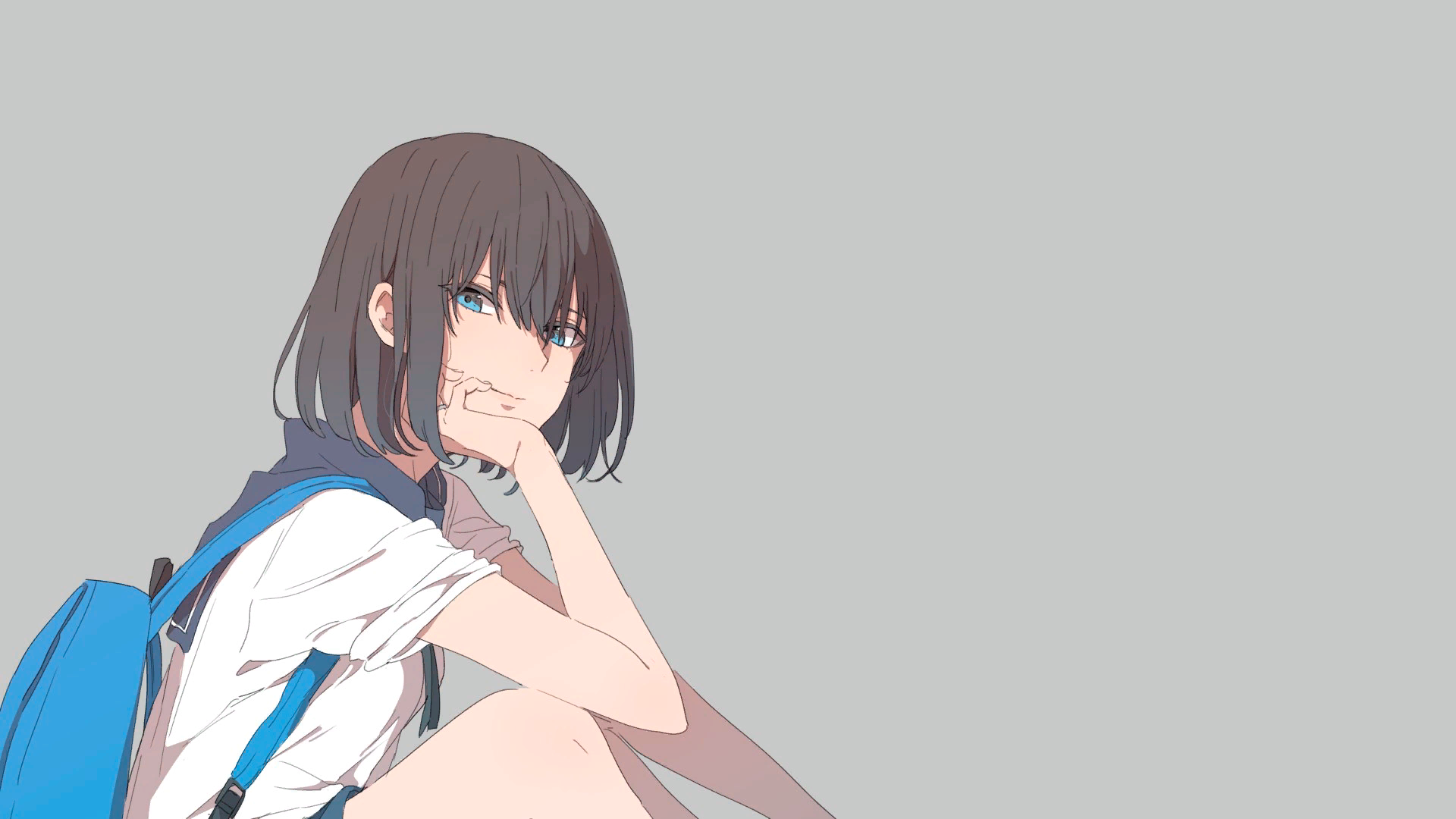 anime, manga, anime girls, gray, gray background, simple background, backpacks, HD Wallpaper
