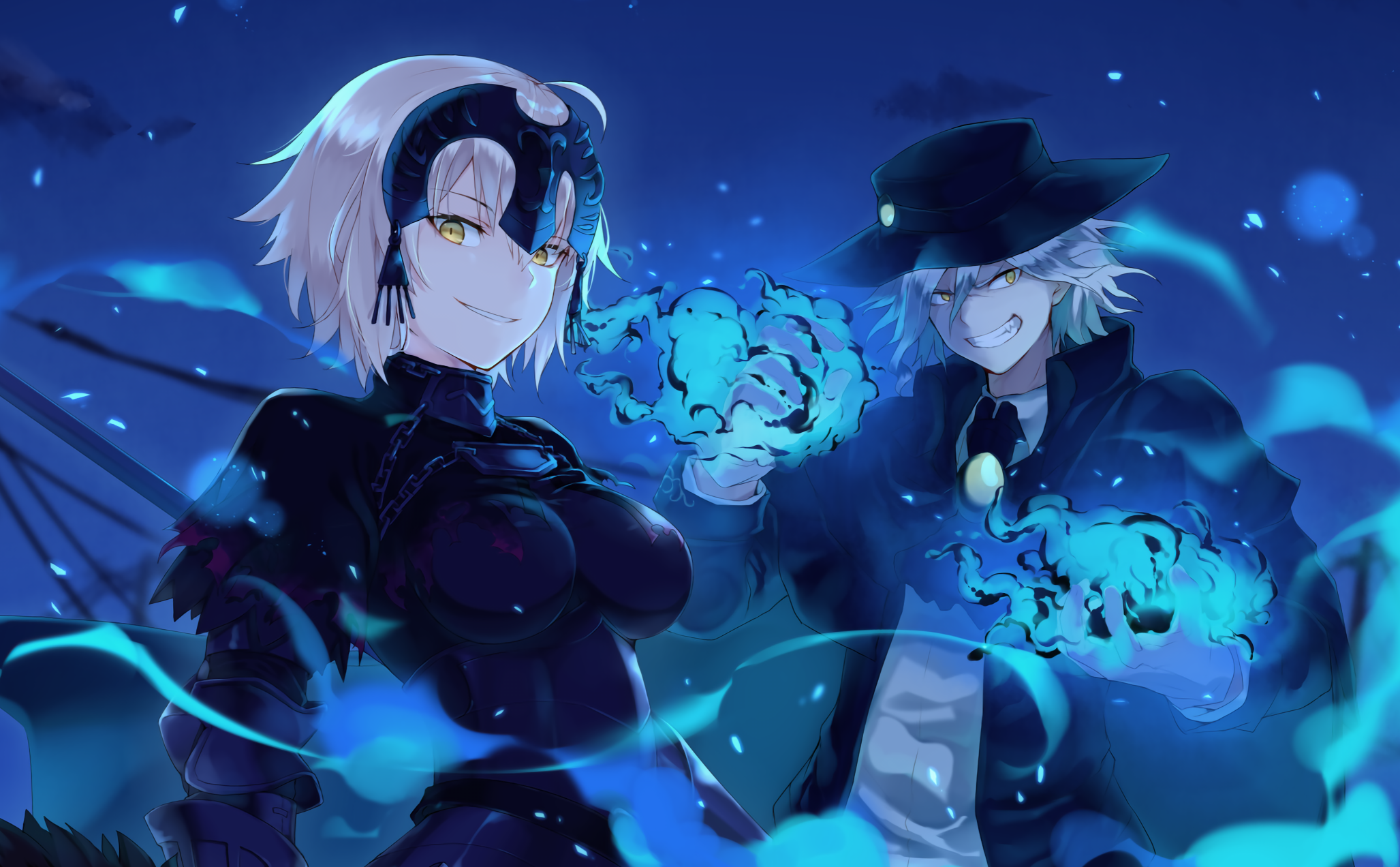 Fate/Grand Order, Fate Series, Avenger (Fate/Grand Order), Jeanne (Alter) (Fate/Grand Order), anime girls, video games, short hair, yellow eyes, white hair, fire, blue, cyan, HD Wallpaper