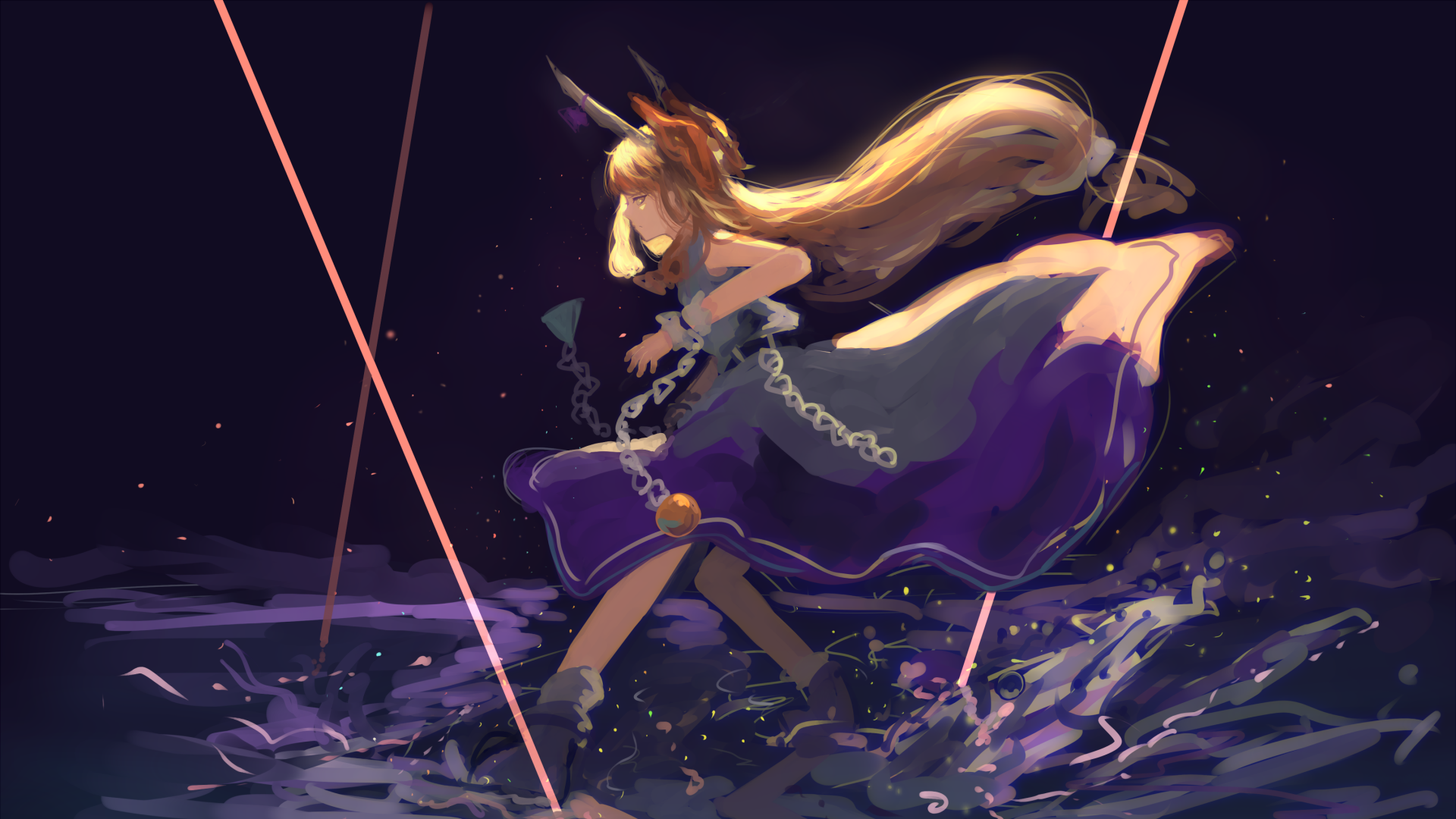 anime, anime girls, Touhou, Ibuki Suika, blonde, dress, long hair, HD Wallpaper