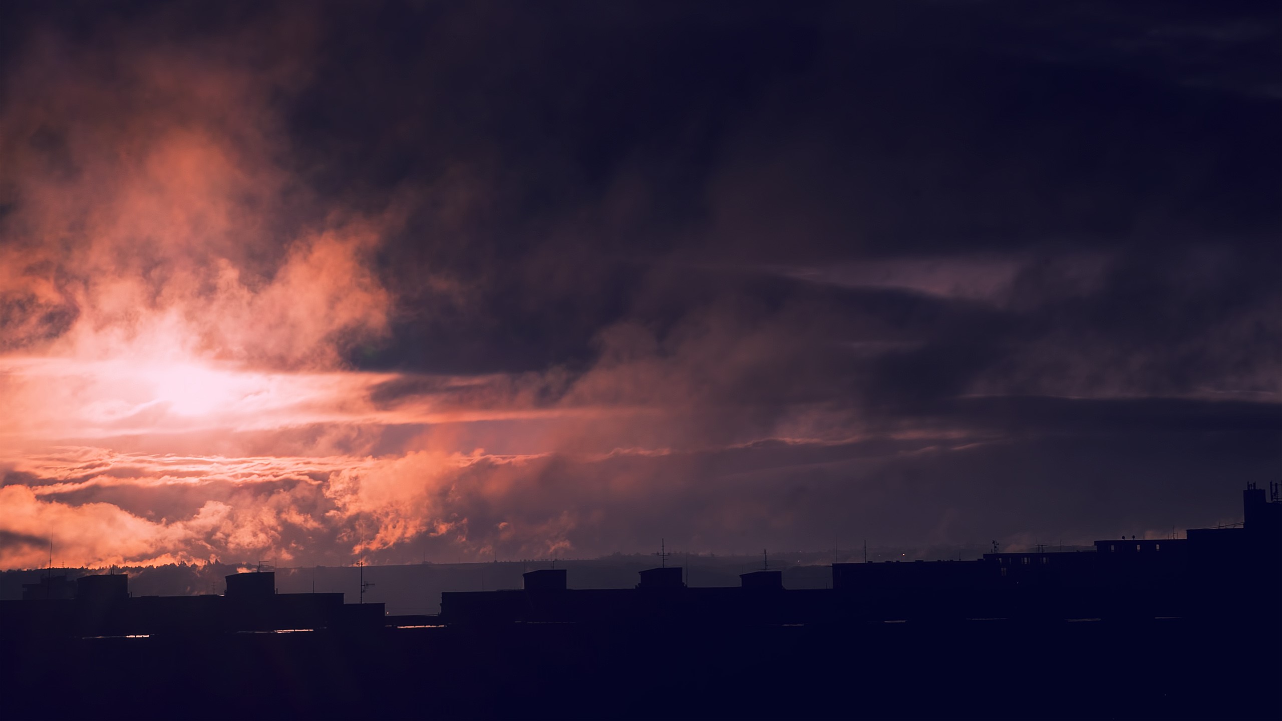 landscape, city, dark, sunlight, sky, clouds, HD Wallpaper