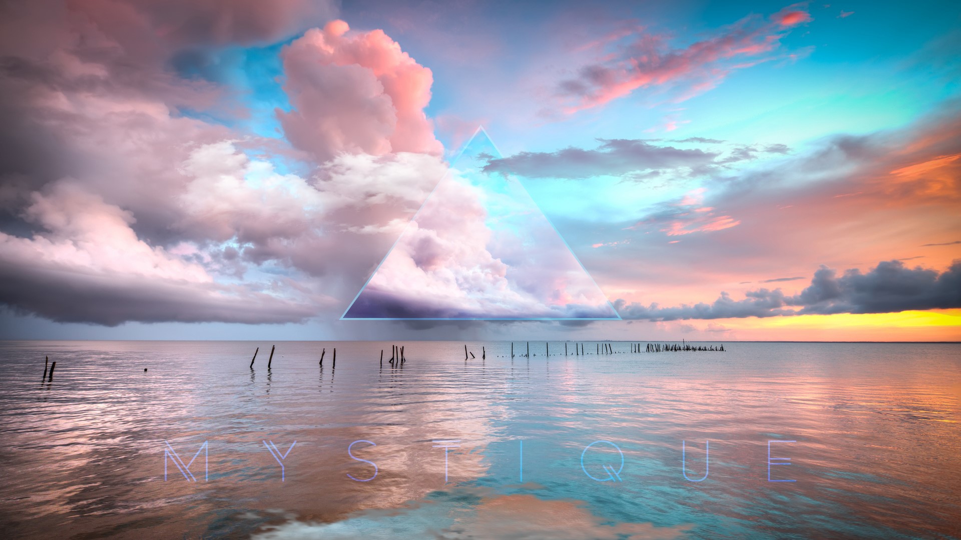 water, geometry, landscape, cyan, pink, sea, horizon, HD Wallpaper