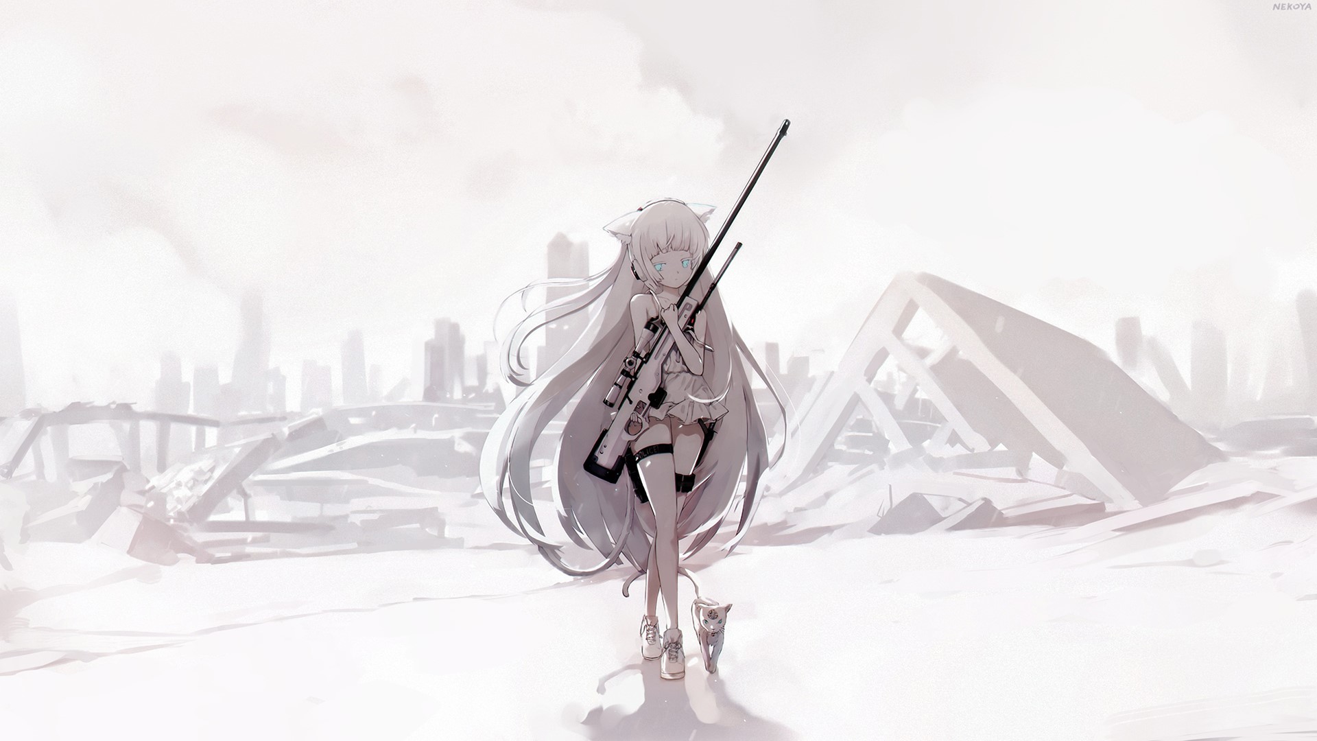 long hair, cats, sniper rifle, monochrome, girls with guns, stockings, thigh-highs, HD Wallpaper
