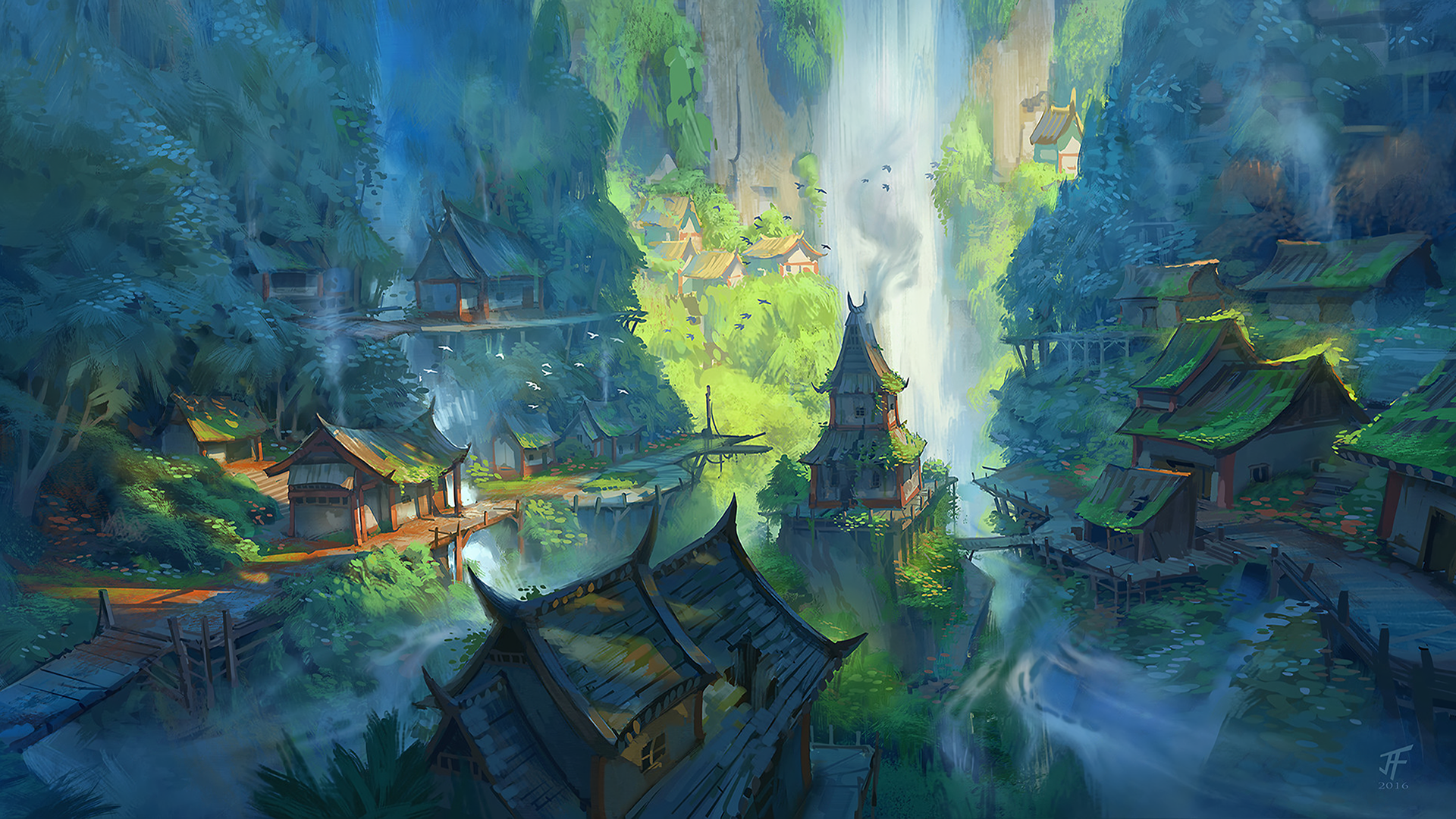 cliff, house, fantasy art, village, artwork, nature, waterfall, 2016 (Year), green, Jeremy Fenske, HD Wallpaper