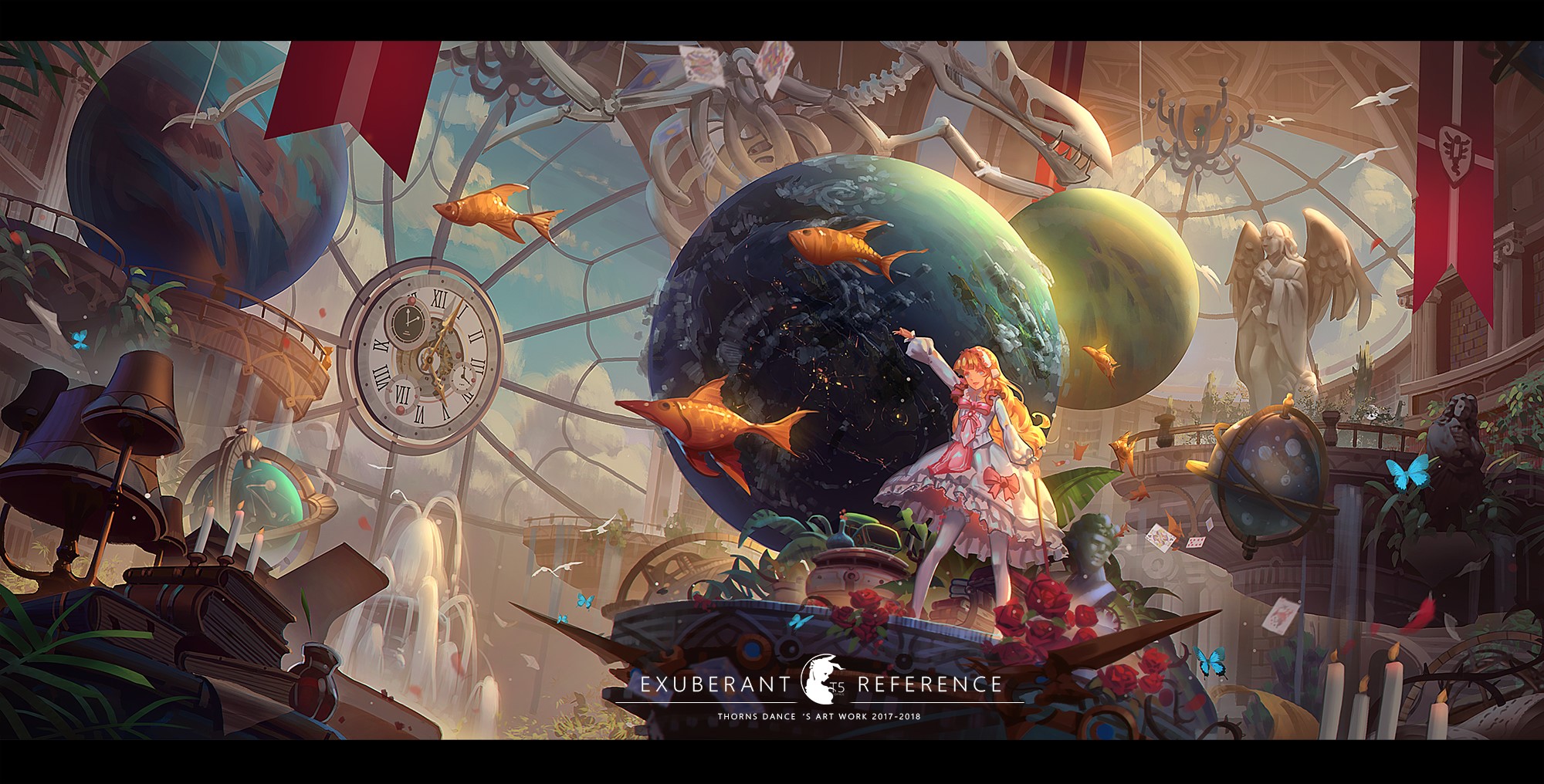 T5, anime girls, anime, colorful, planet, dress, fantasy art, HD Wallpaper