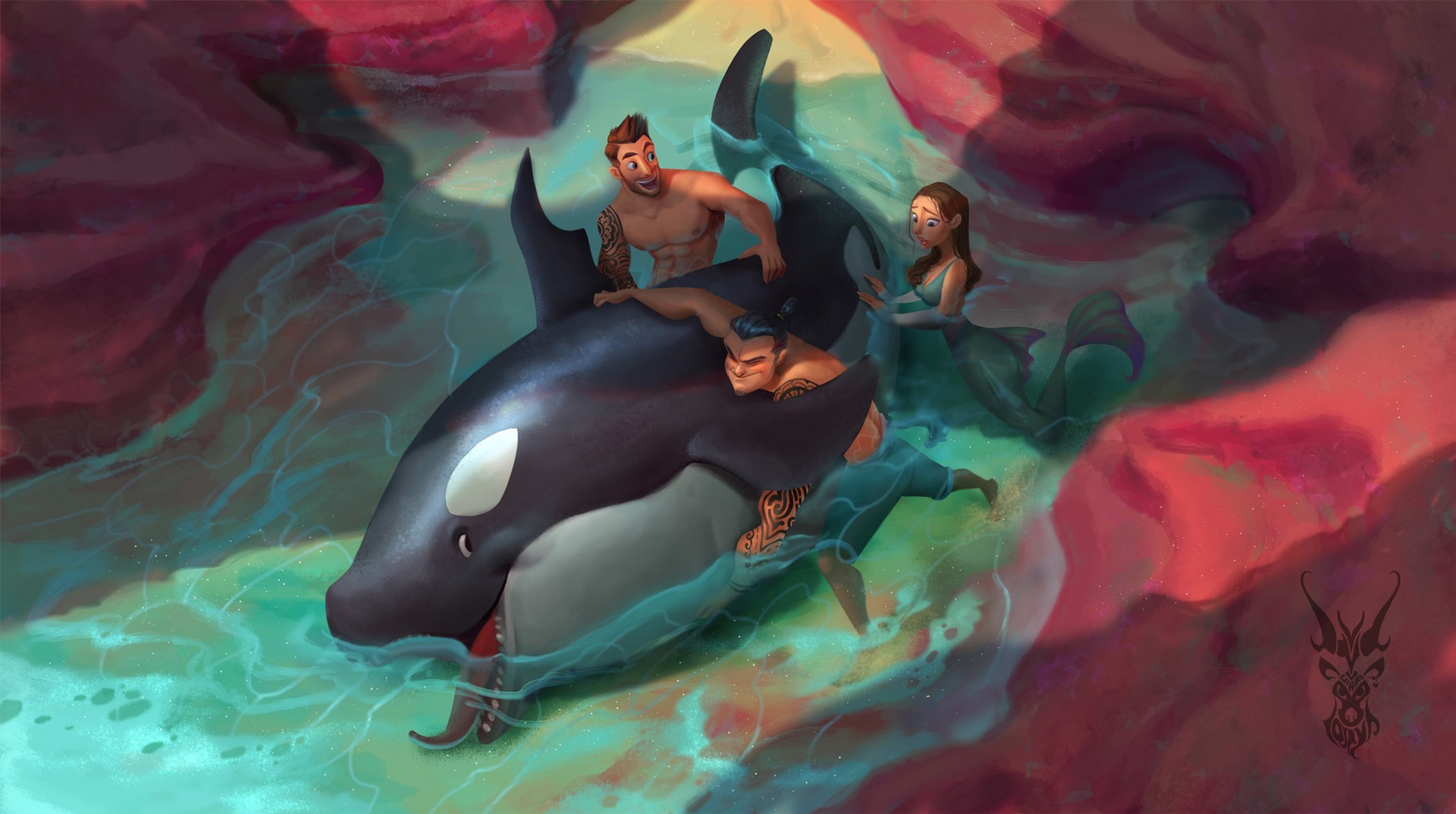 men, whale, water, women, rocks, fish, HD Wallpaper