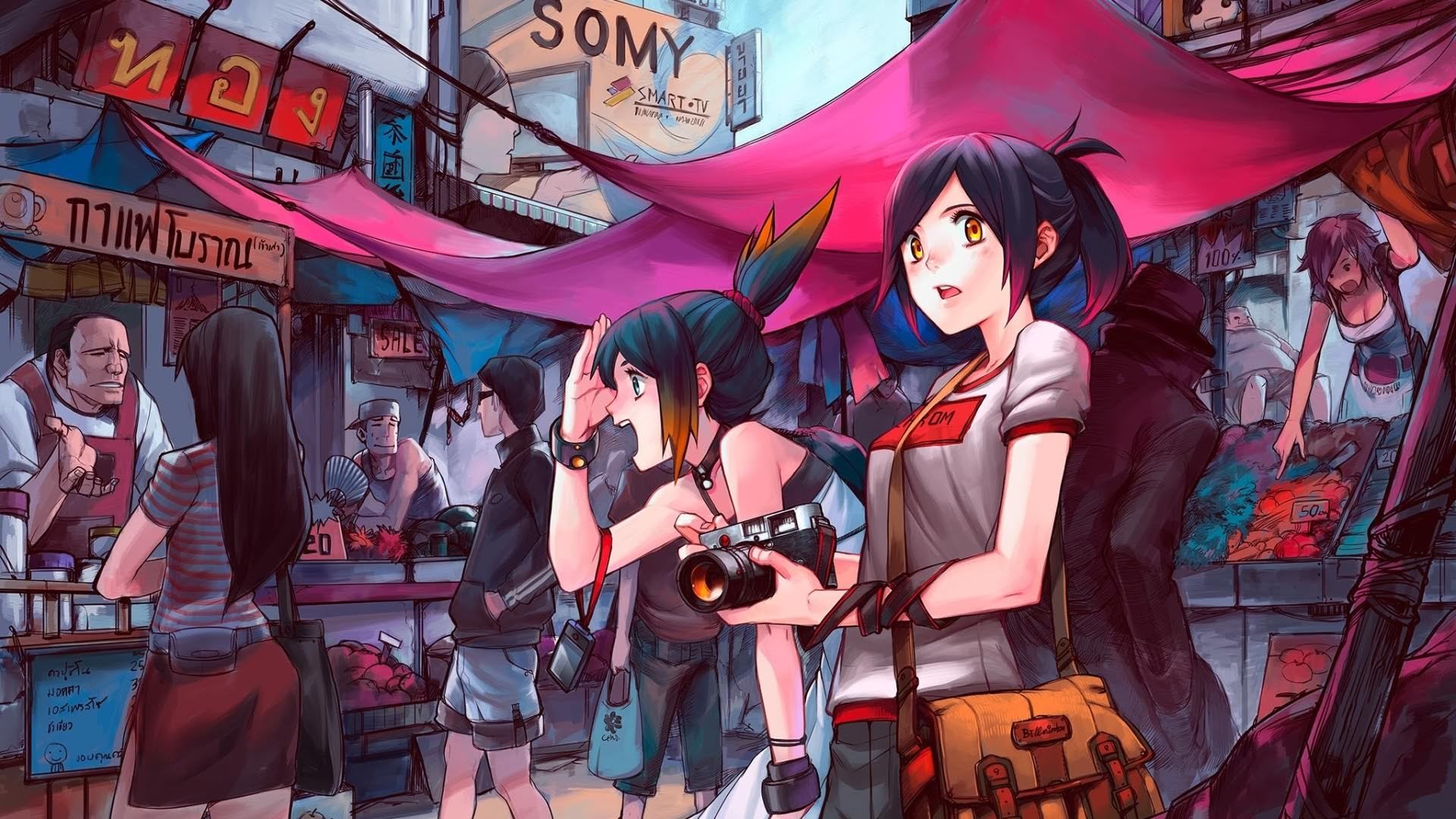 anime, anime girls, camera, markets, HD Wallpaper