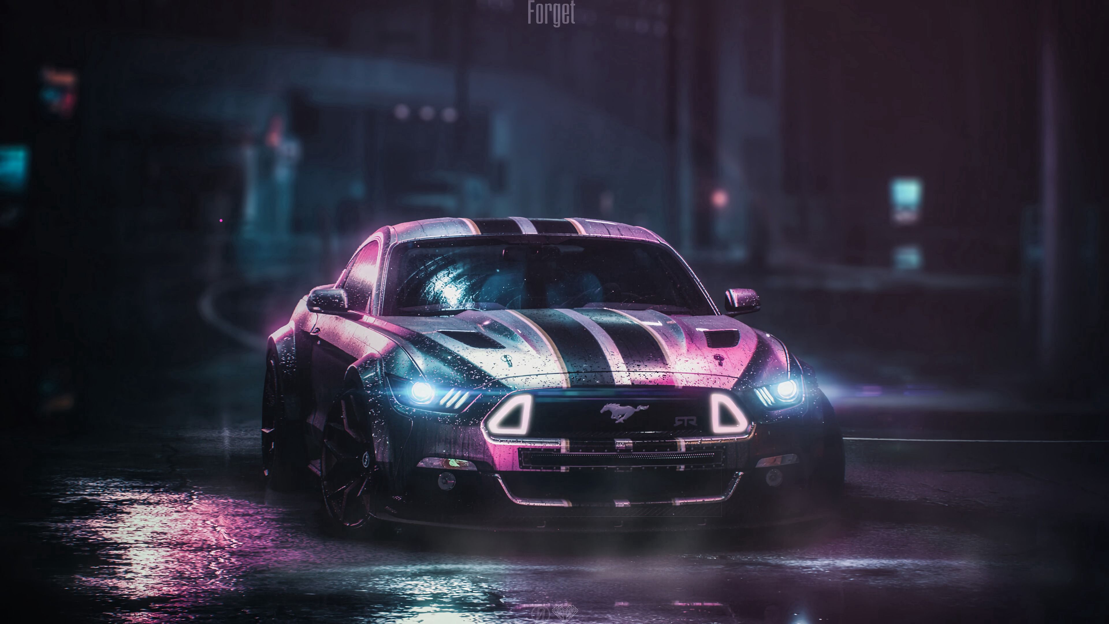 ford mustang gtr, ford, car, neon, night, wet, 4k, HD Wallpaper