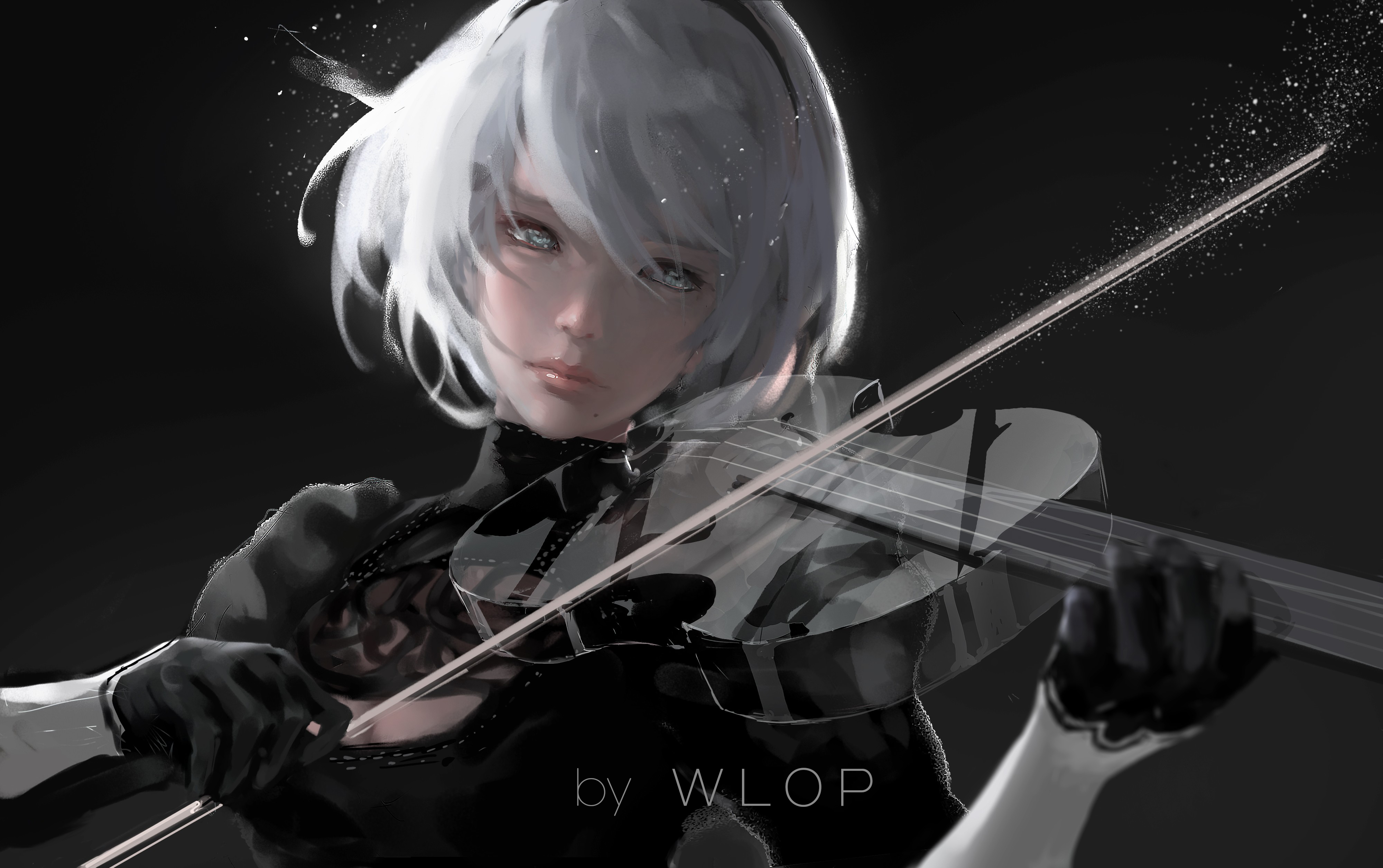 WLOP, digital art, artwork, women, white hair, blue eyes, cleavage, video games, NieR, 2B, Nier: Automata, short hair, looking at viewer, 2B (Nier: Automata), HD Wallpaper