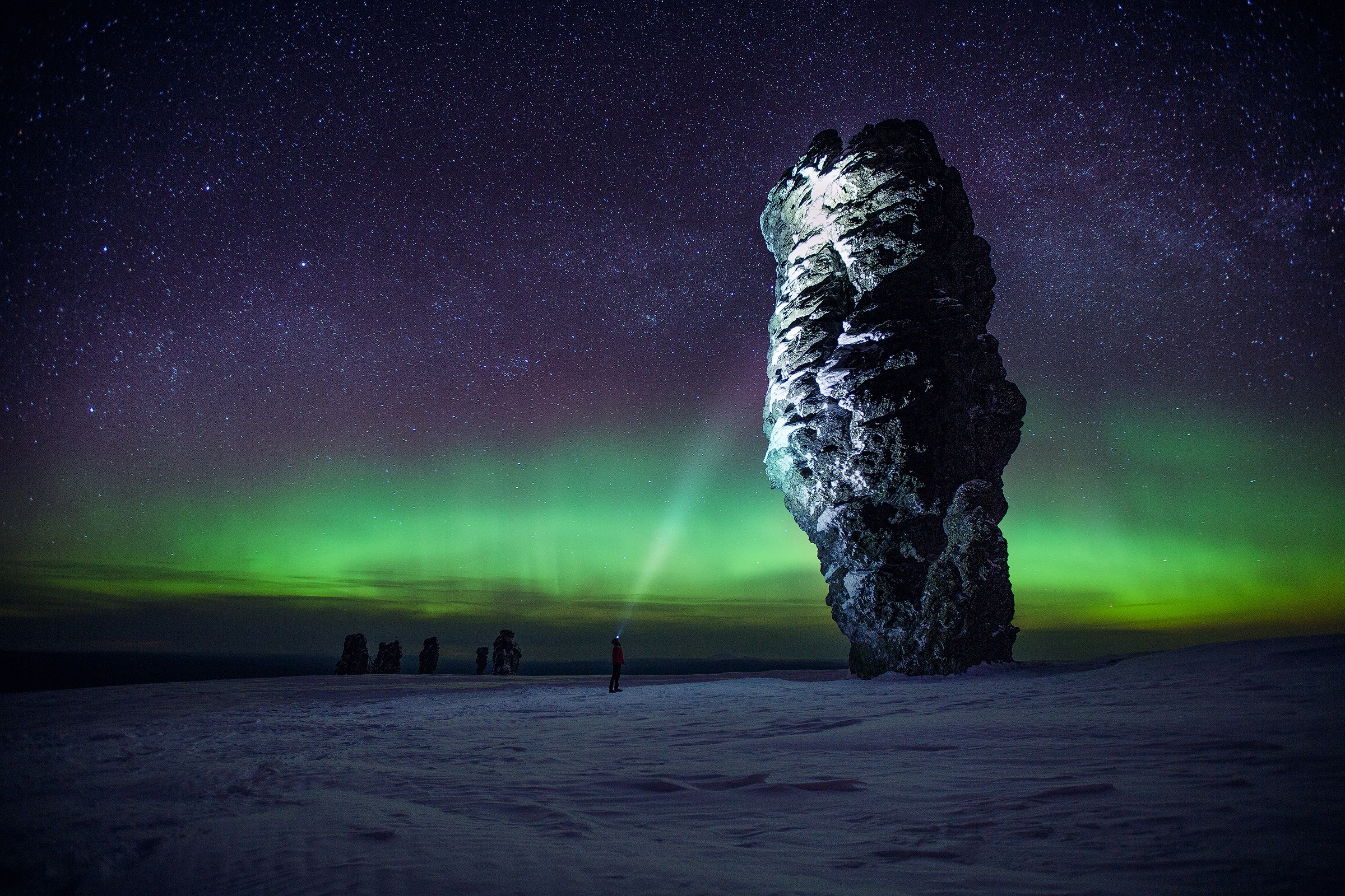 night, sky, snow, stars, aurorae, Russia, HD Wallpaper
