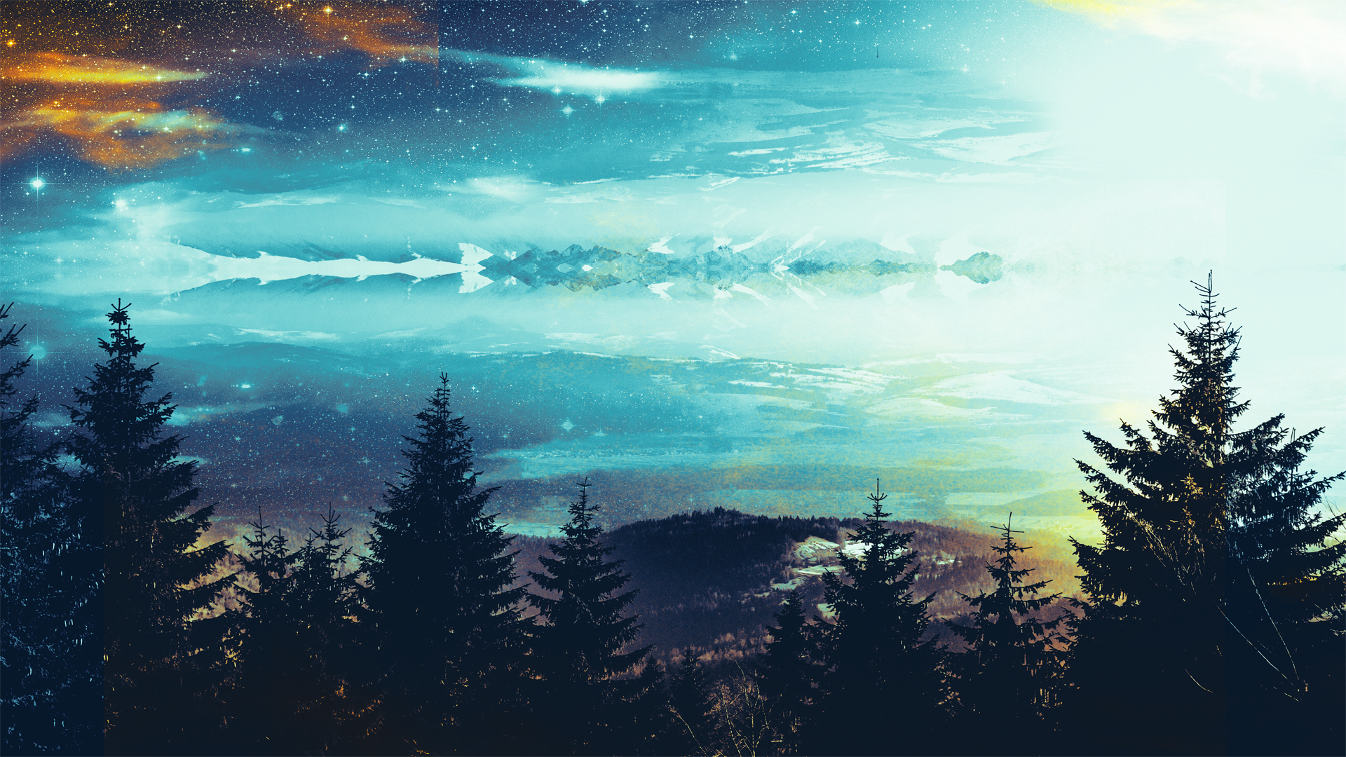 landscape, stars, mirror, digital art, sky, trees, nature, blue, HD Wallpaper