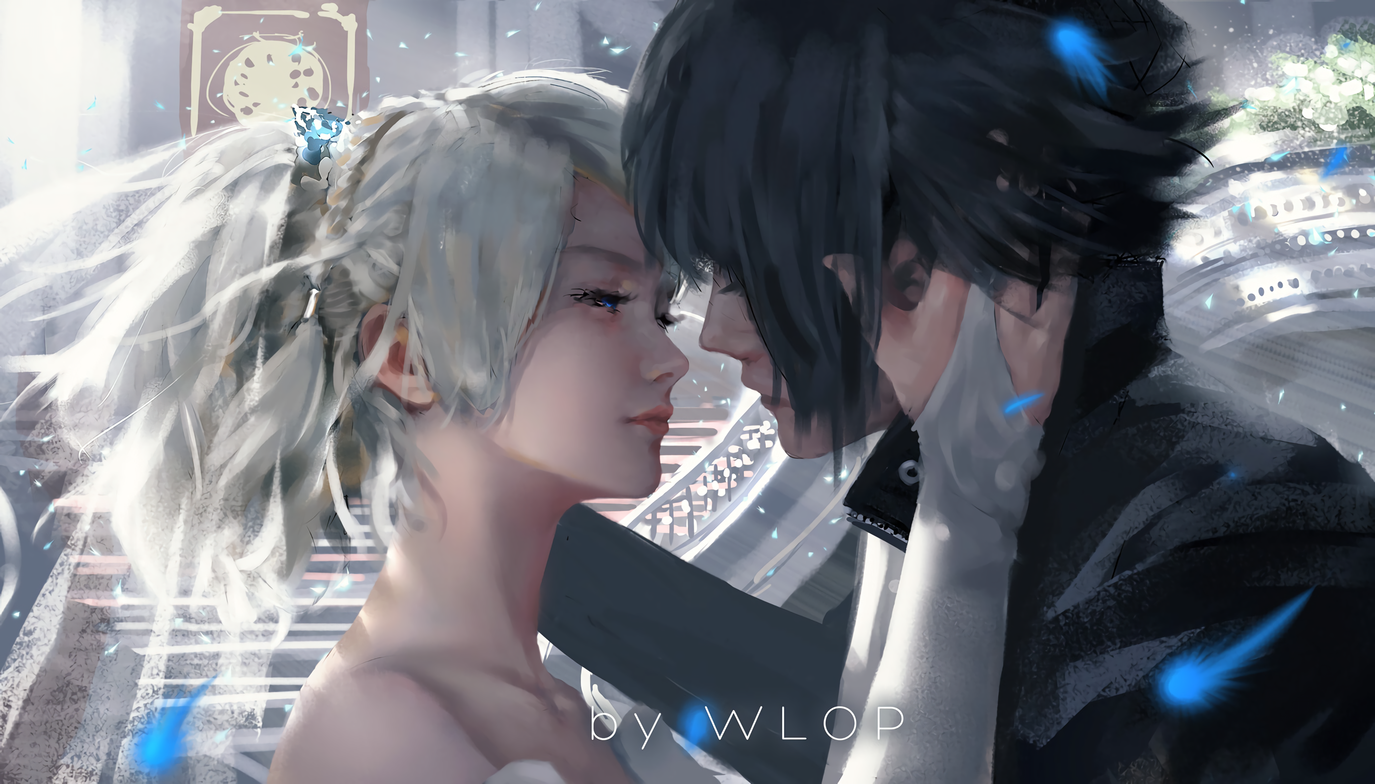 digital art, artwork, women, video games, men, white hair, brunette, Final Fantasy XV, Lunafreya Nox Fleuret, Noctis, kissing, Final Fantasy, WLOP, HD Wallpaper