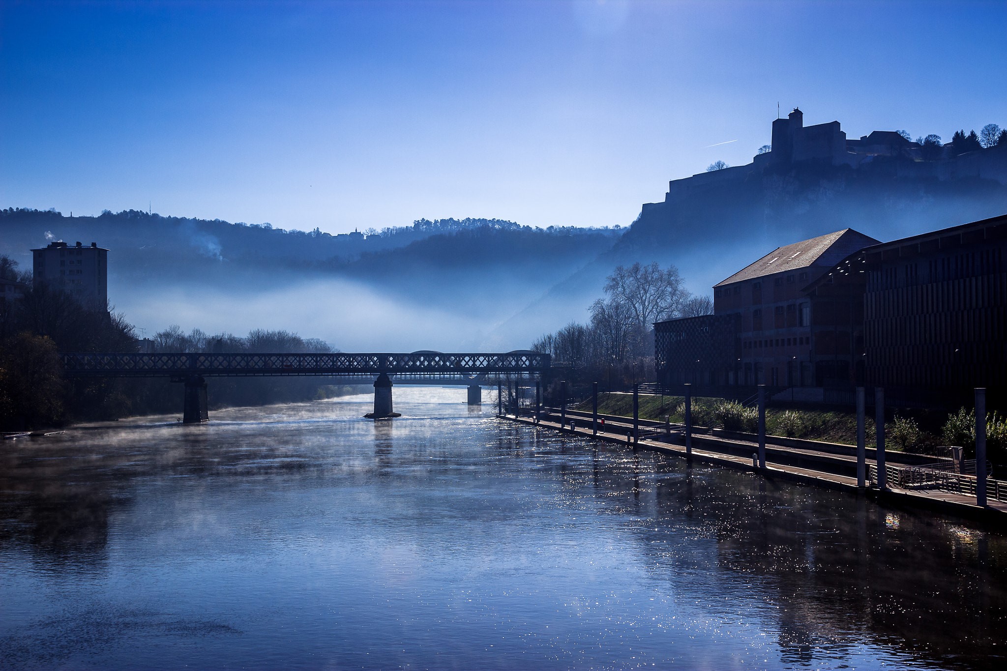river, dark, blue, bridge, HD Wallpaper