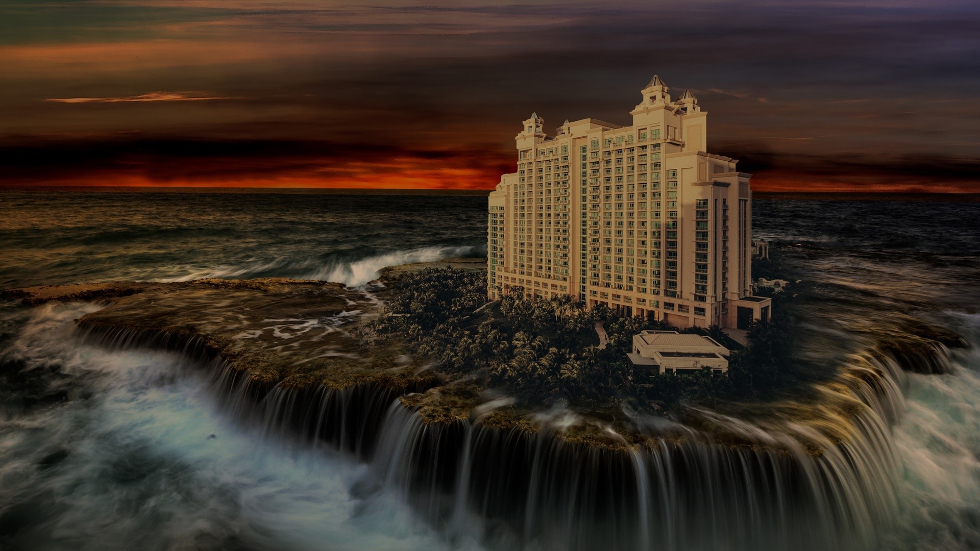 digital art, fantasy art, landscape, building, palm trees, waterfall, water, sea, waves, sunset, horizon, clouds, Photoshop, HD Wallpaper