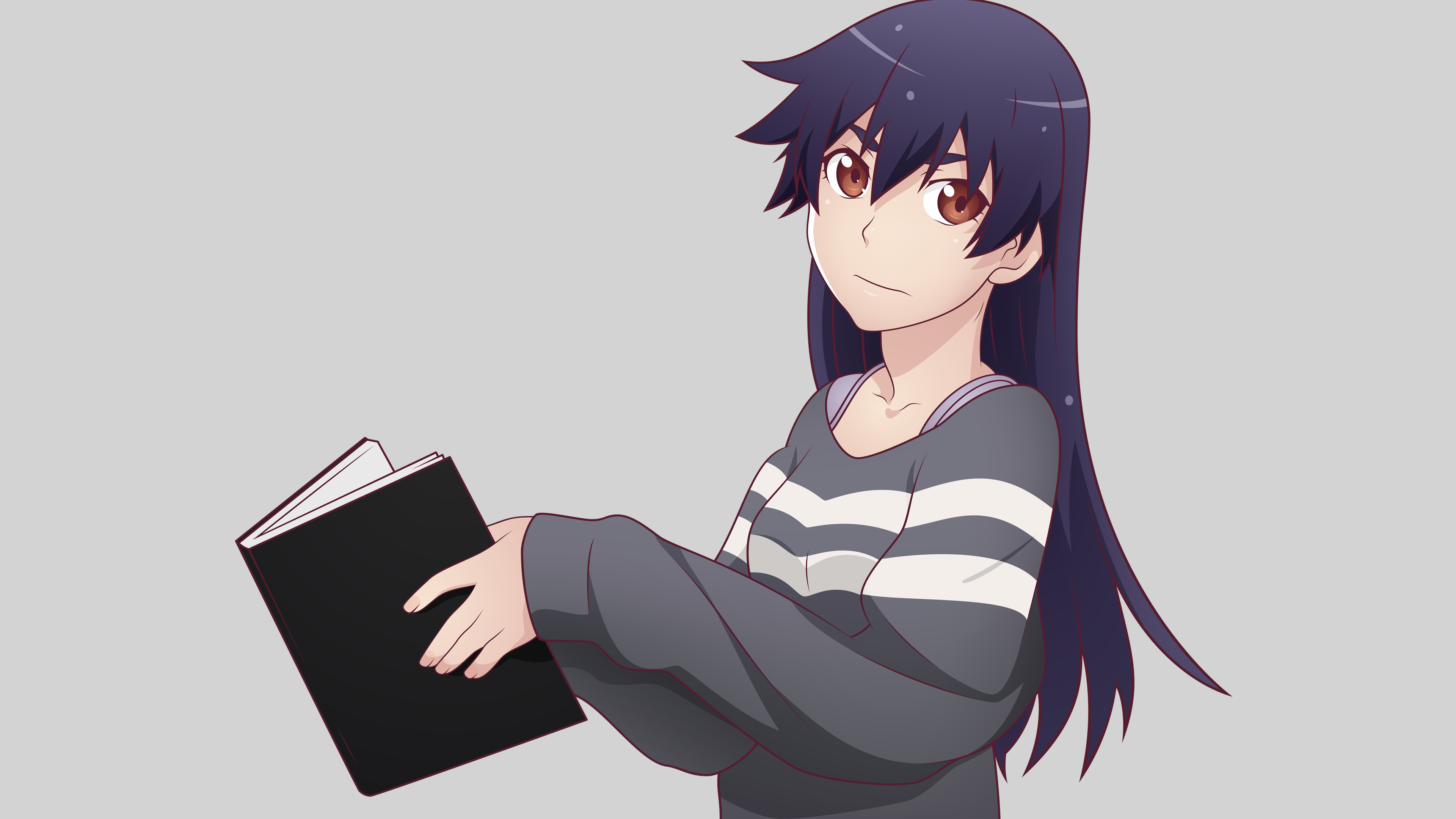 anime, anime girls, simple background, simple, Monogatari Series, Kanbaru Suruga, brown eyes, dark hair, casual, reading, tank top, HD Wallpaper