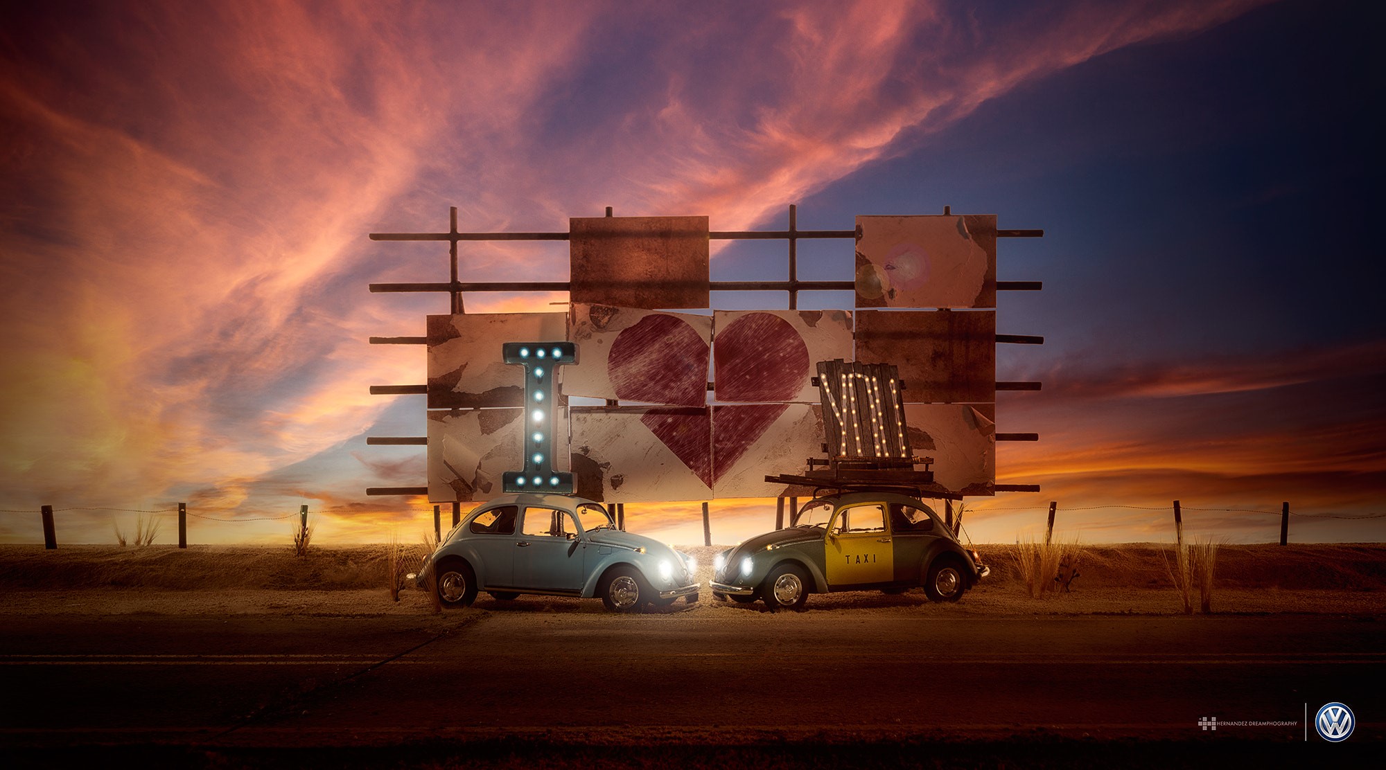 Volkswagen, sky, car, Volkswagen Beetle, advertisements, love, HD Wallpaper