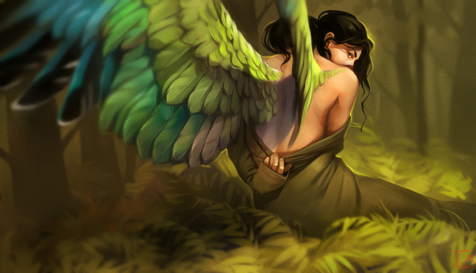 Alexandra GaudiBuendia Khitrova, women, brunette, wings, grass, forest, HD Wallpaper