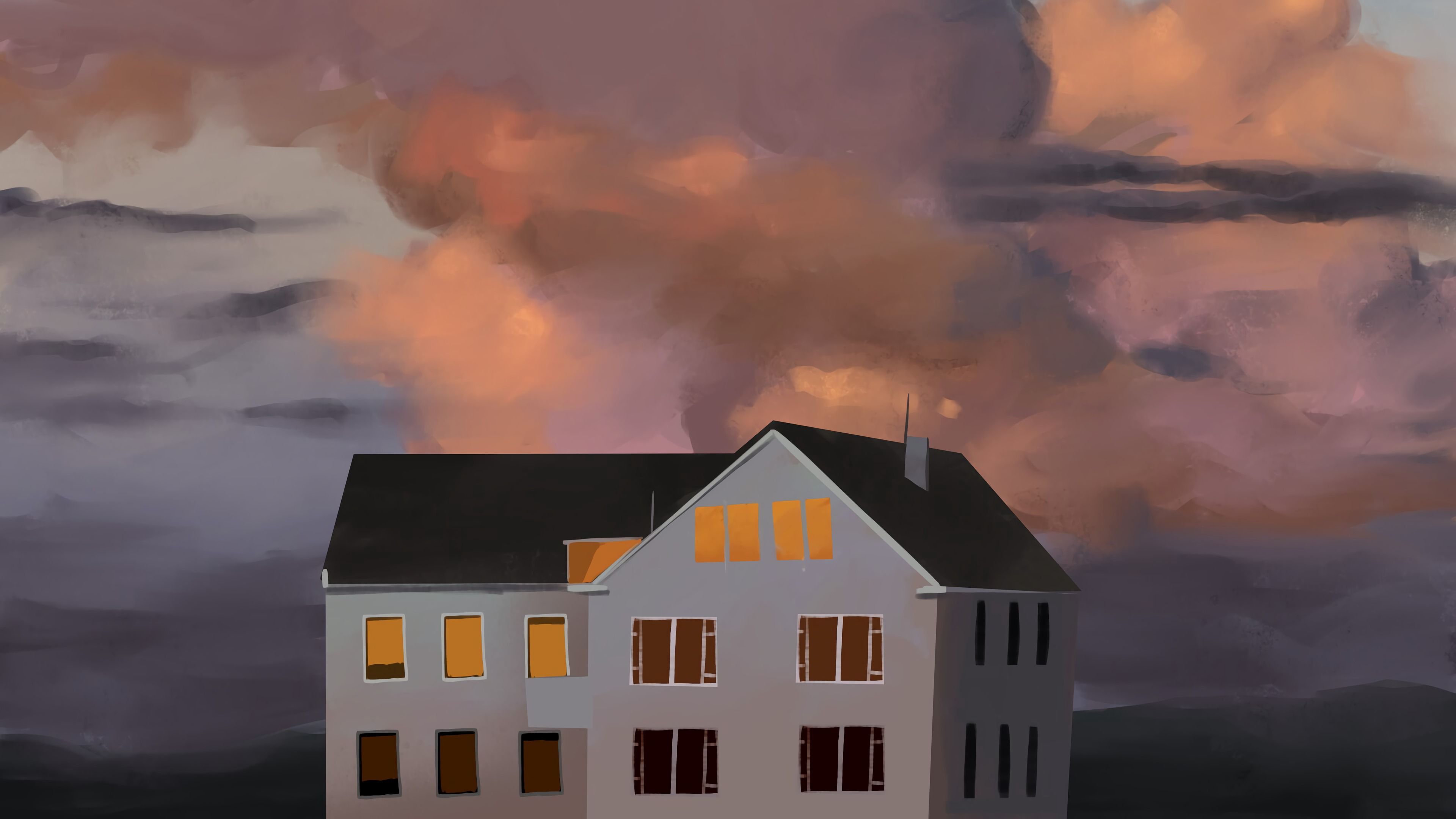 house, building, clouds, painting, art, 4k, HD Wallpaper