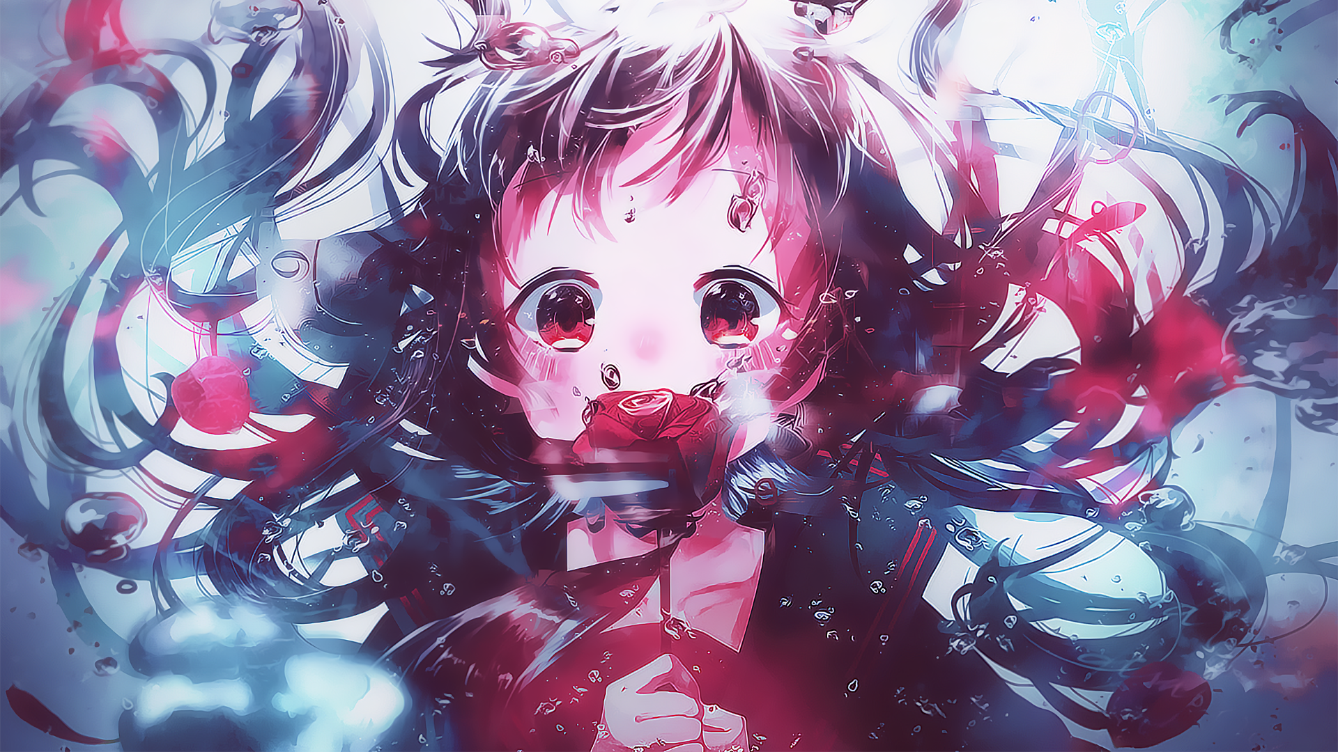 long hair, Petal, rose, red eyes, HD Wallpaper