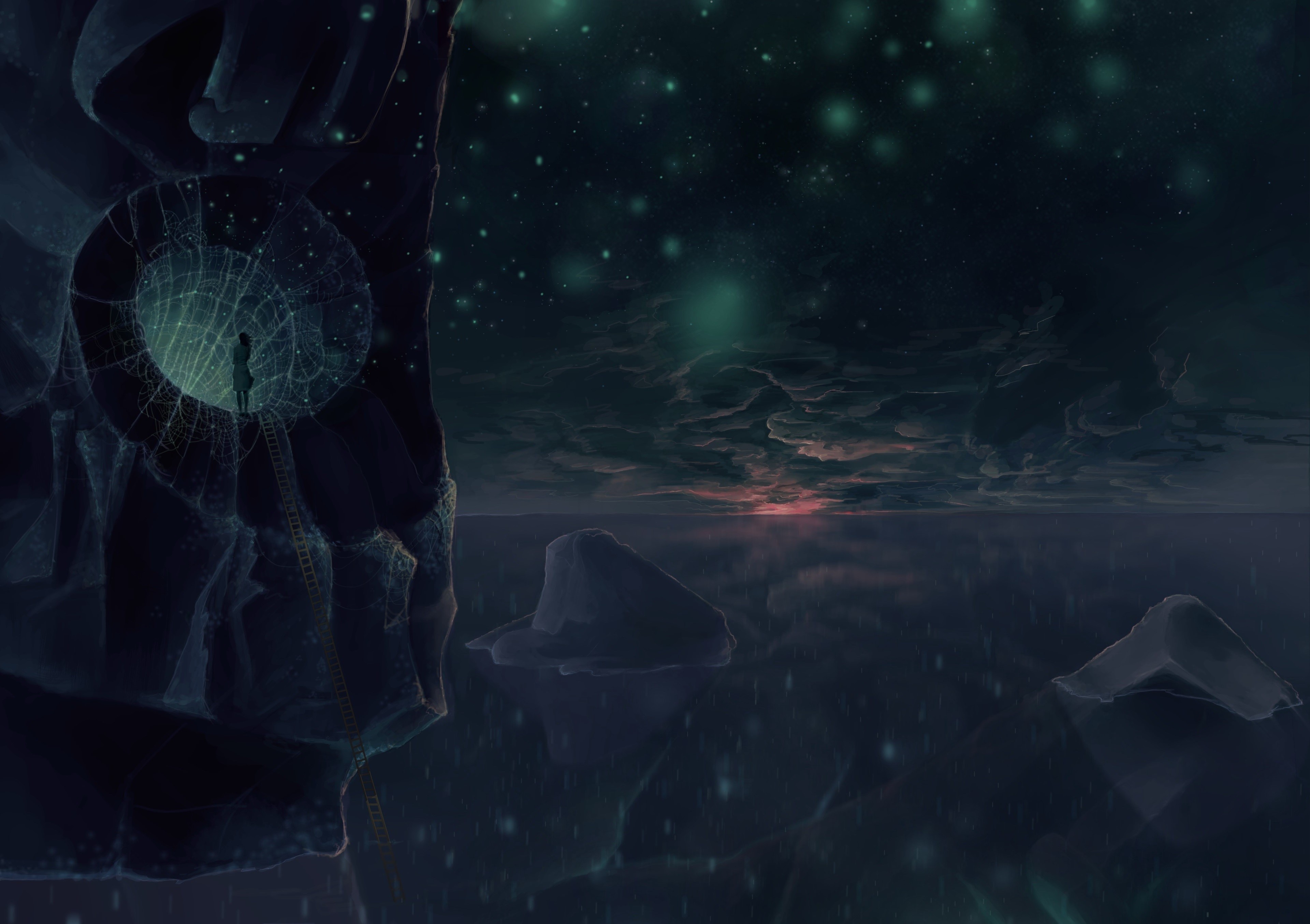 night, stars, women, spider webs, ladder, cave, fantasy art, digital art, rain, clouds, rock, water, horizon, reflection, HD Wallpaper