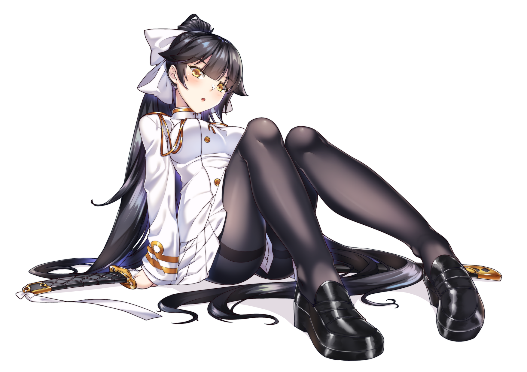 Takao (Azur Lane), uniform, anthropomorphism, Azur Lane, black hair, long hair, military, pantyhose, ponytail, headdress, skirt, white background, simple background, yellow eyes, weapon, sword, katana, bow, blush, HD Wallpaper