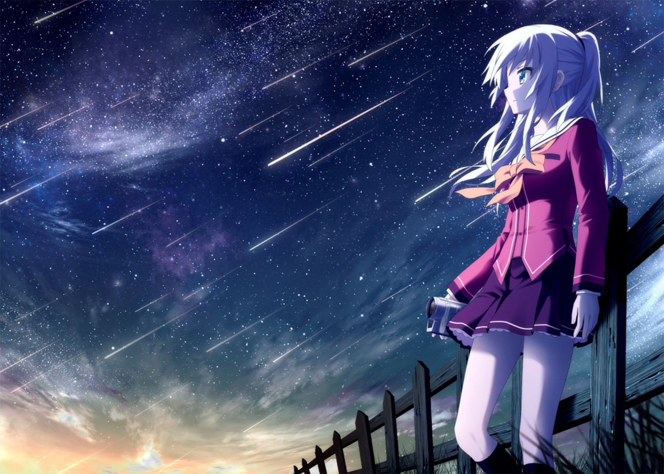 anime, anime girls, sky, Charlotte (anime), Tomori Nao, stars, white hair, long hair, school uniform, blue eyes, HD Wallpaper