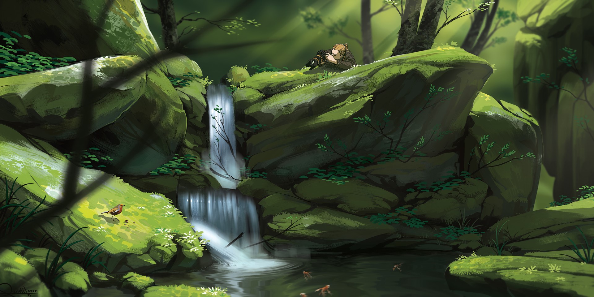 nature, painting, Lorenzo Lanfranconi, waterfall, water, lake, rocks, forest, HD Wallpaper