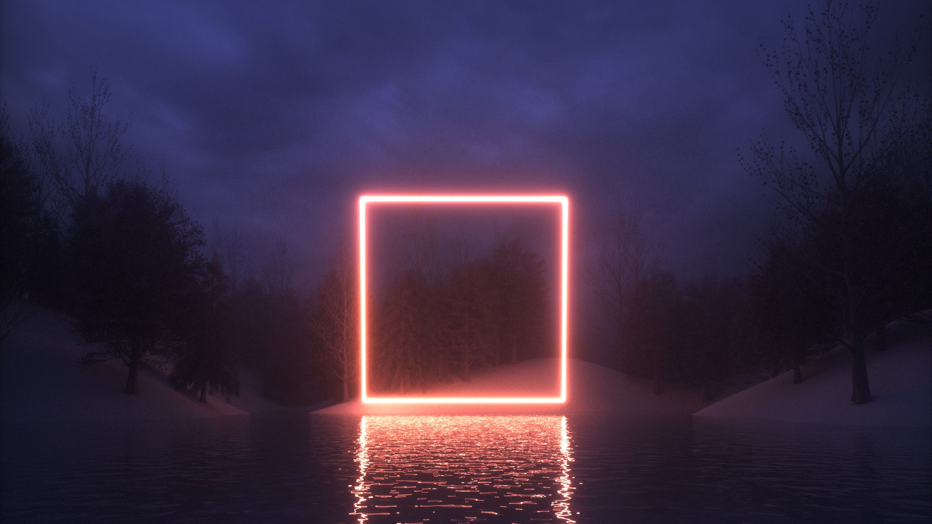 neon, square, reflection, nature, Cinema4D, night, HD Wallpaper