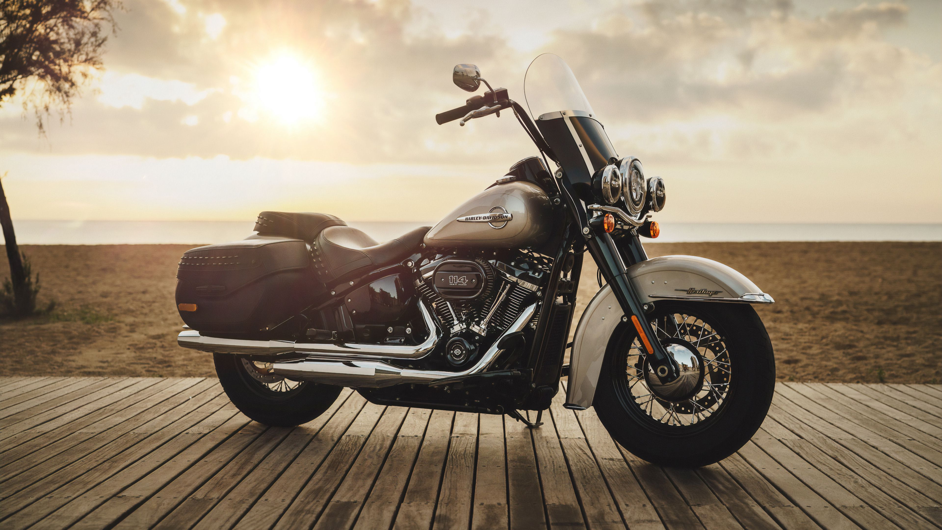 harley-davidson, motorcycle, bike, side view, shore, horizon, 4k, HD Wallpaper