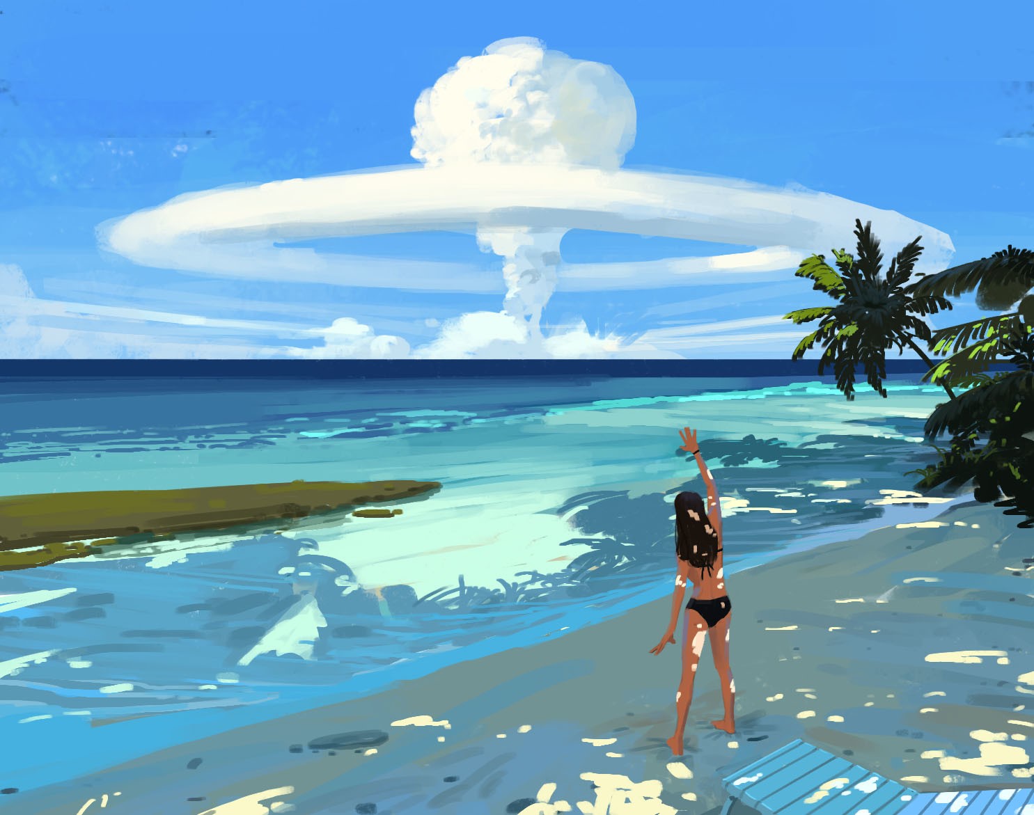 Shin jong hun, painting, women, bikini, water, plants, sea, explosion, sand, HD Wallpaper