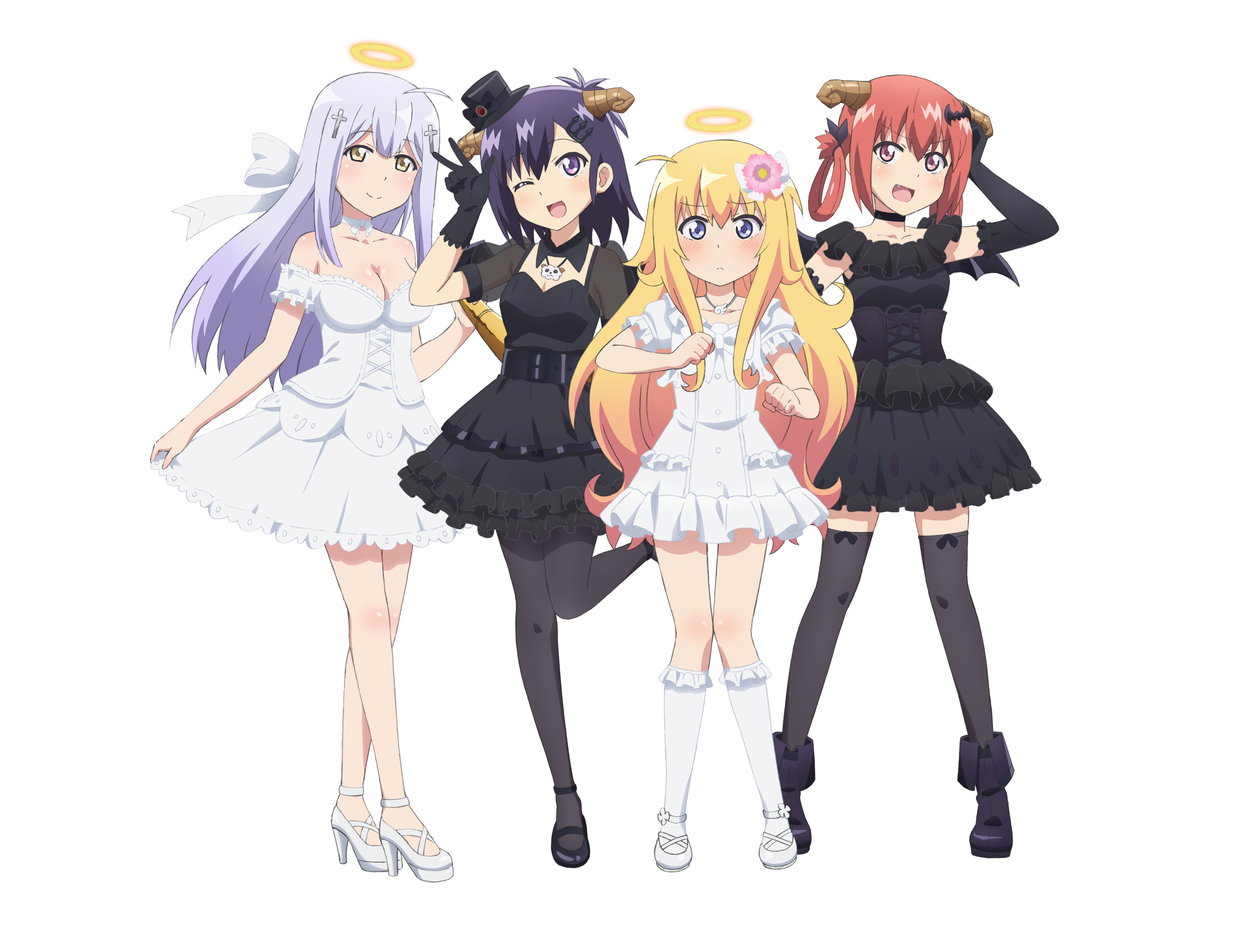 anime, anime girls, Gabriel Dropout, Gabriel White Tenma, Satanichia McDowell Kurumizawa, Raphiel Ainsworth Shiraha, Vignette Tsukinose April, Vignette April Tsukinose, simple, white skin, HD Wallpaper