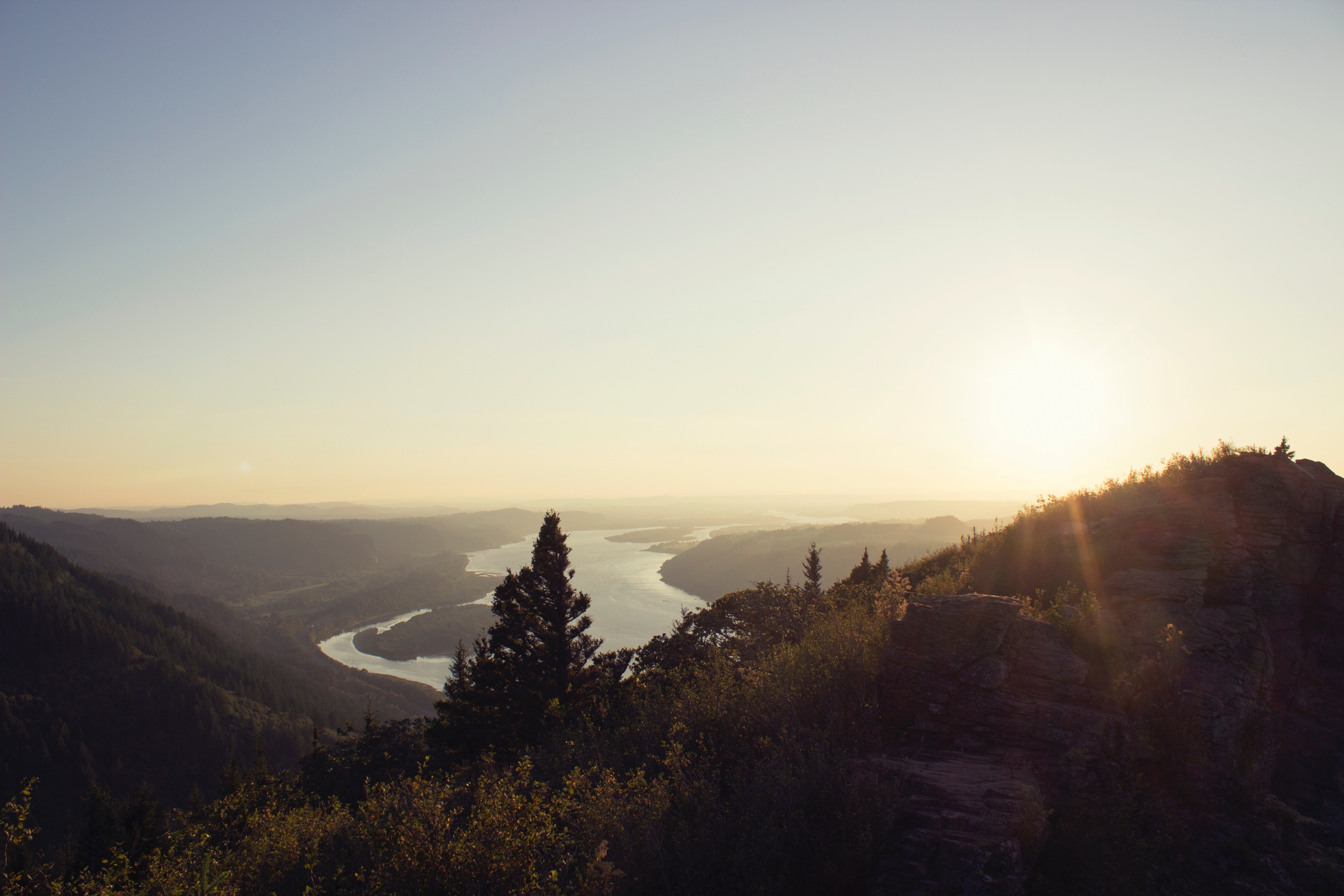 nature, landscape, panoramas, horizon, trees, river, mountains, Argentina, sky, Sun, clear sky, HD Wallpaper